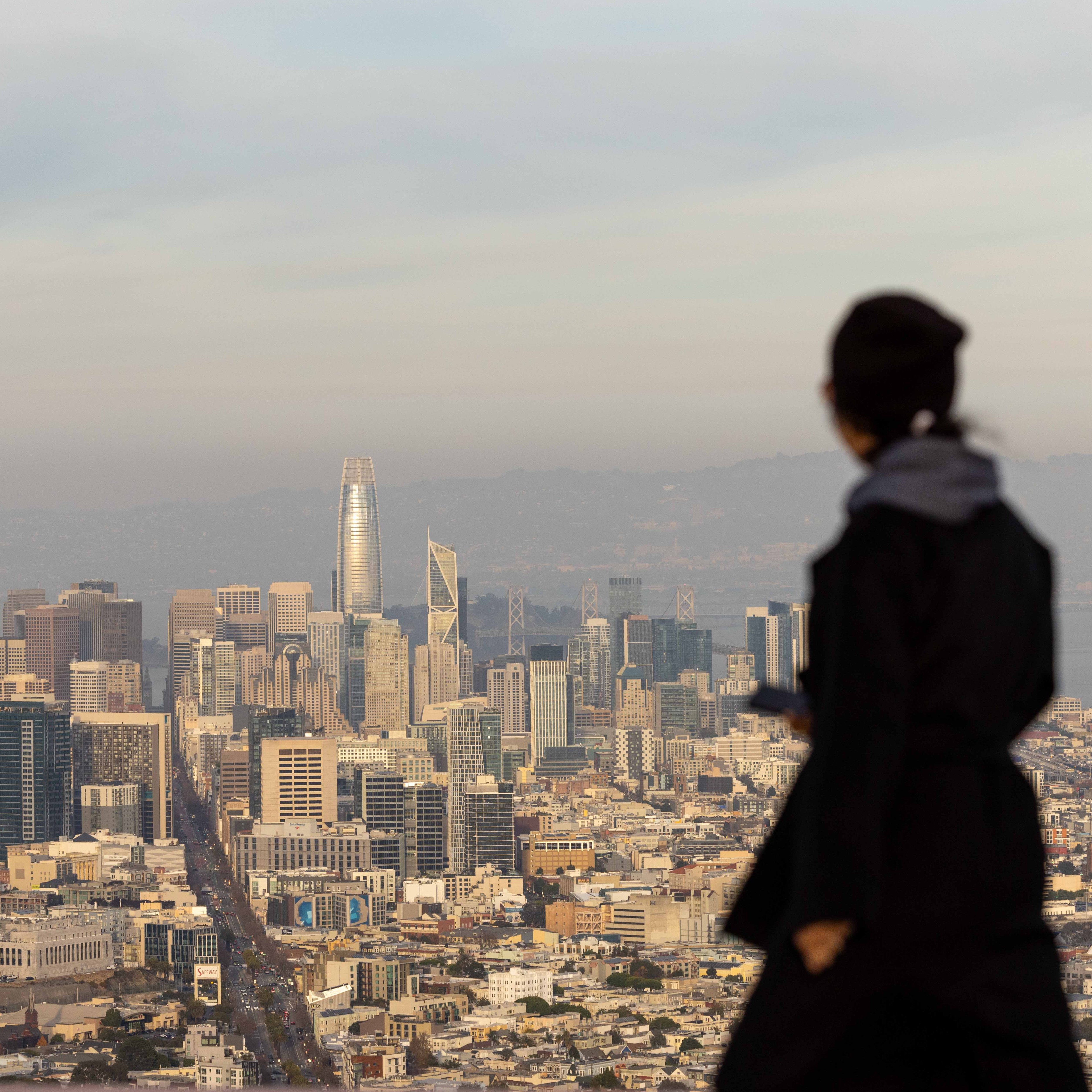 A person in silhouette gazes at a sprawling cityscape with tall skyscrapers under a cloudy sky. The city is bathed in soft light, highlighting the dense urban layout.