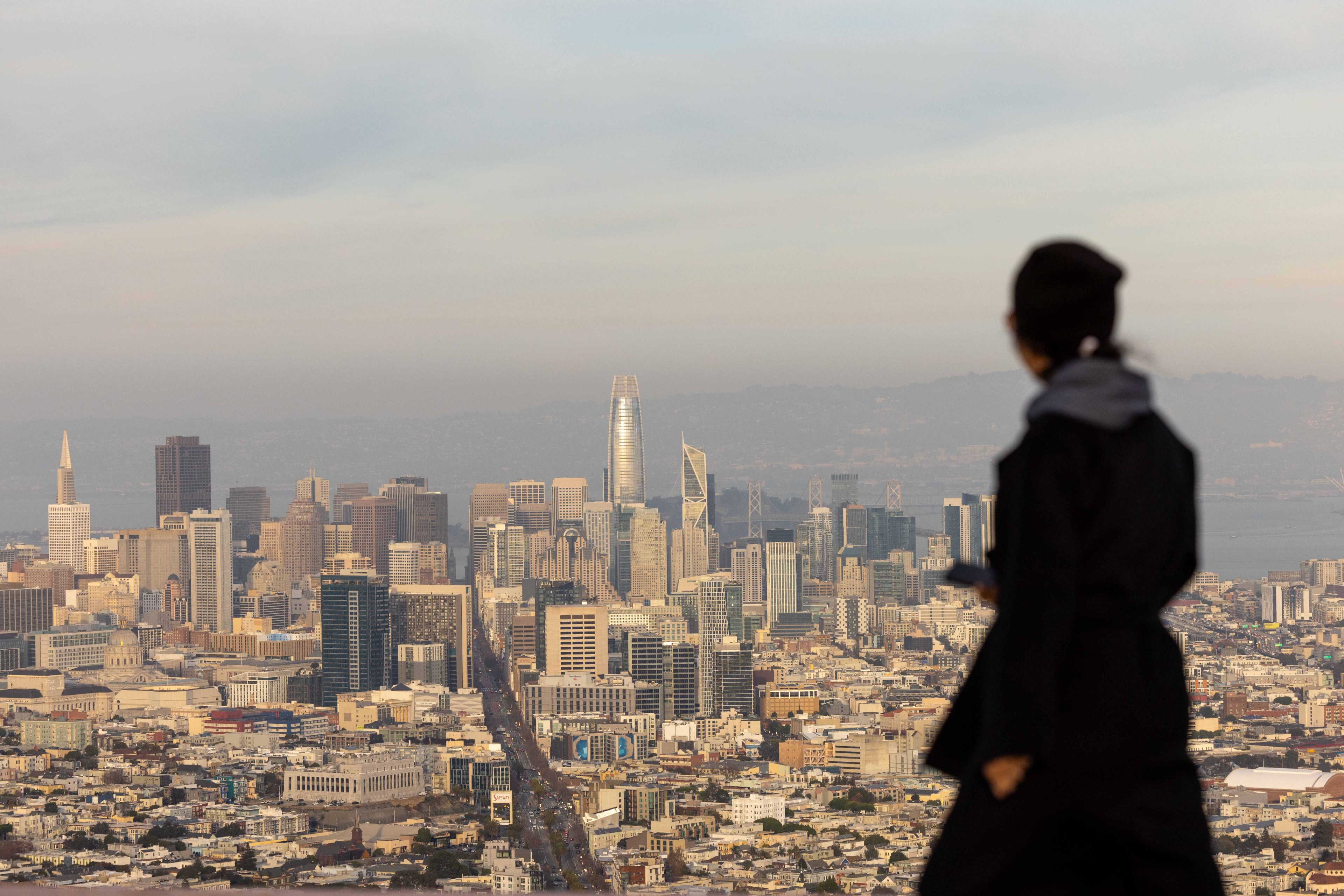 A person in silhouette gazes at a sprawling cityscape with tall skyscrapers under a cloudy sky. The city is bathed in soft light, highlighting the dense urban layout.