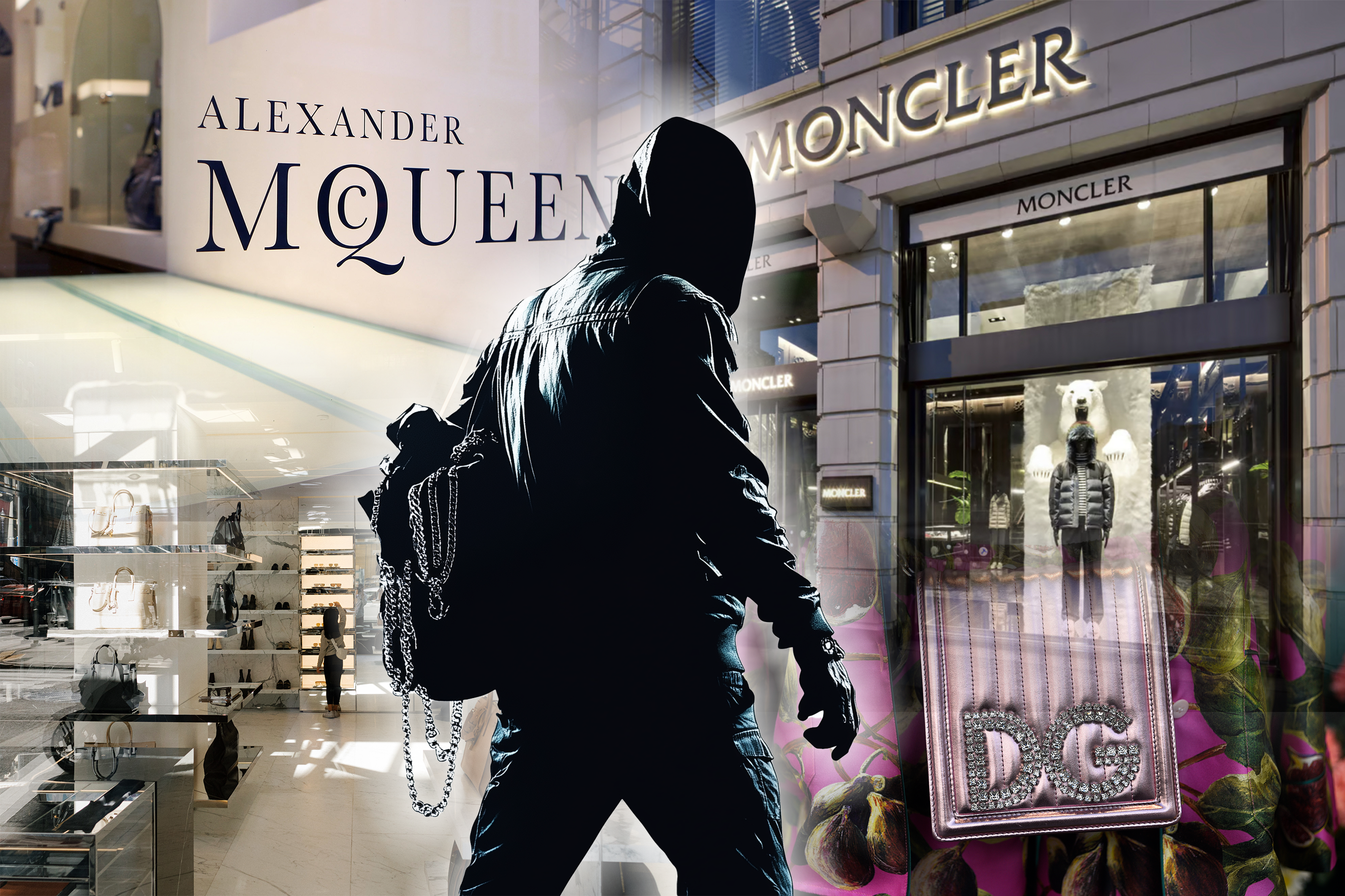 The image features a hooded person silhouetted against luxury brand stores, including Alexander McQueen and Moncler. It's a stylized, shopping-themed composition.