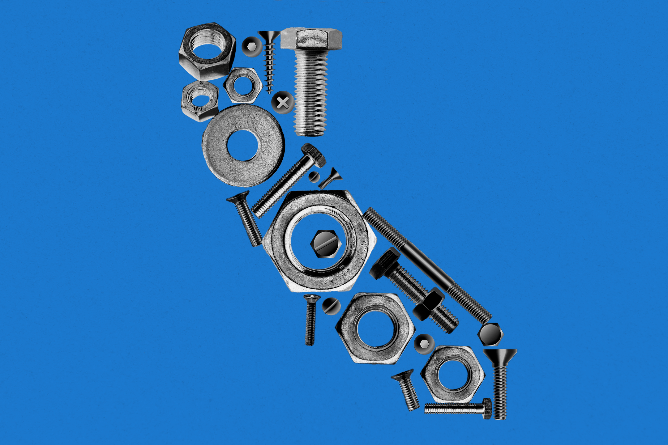 The image shows various metal nuts, bolts, and screws arranged to form the shape of California on a blue background.