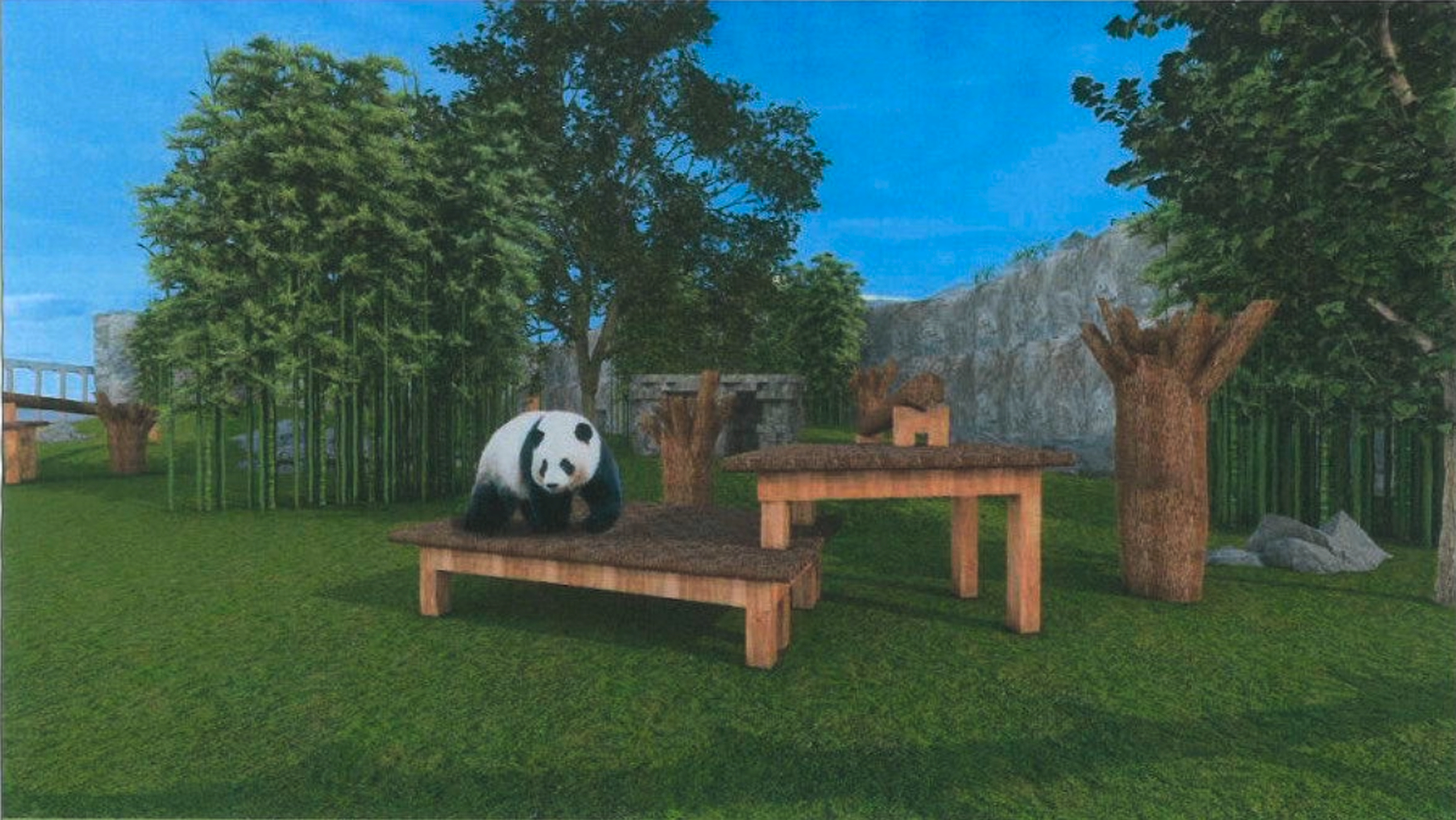 A panda sits on a wooden platform in a lush, outdoor enclosure with bamboo, trees, and a rocky background under a bright blue sky.