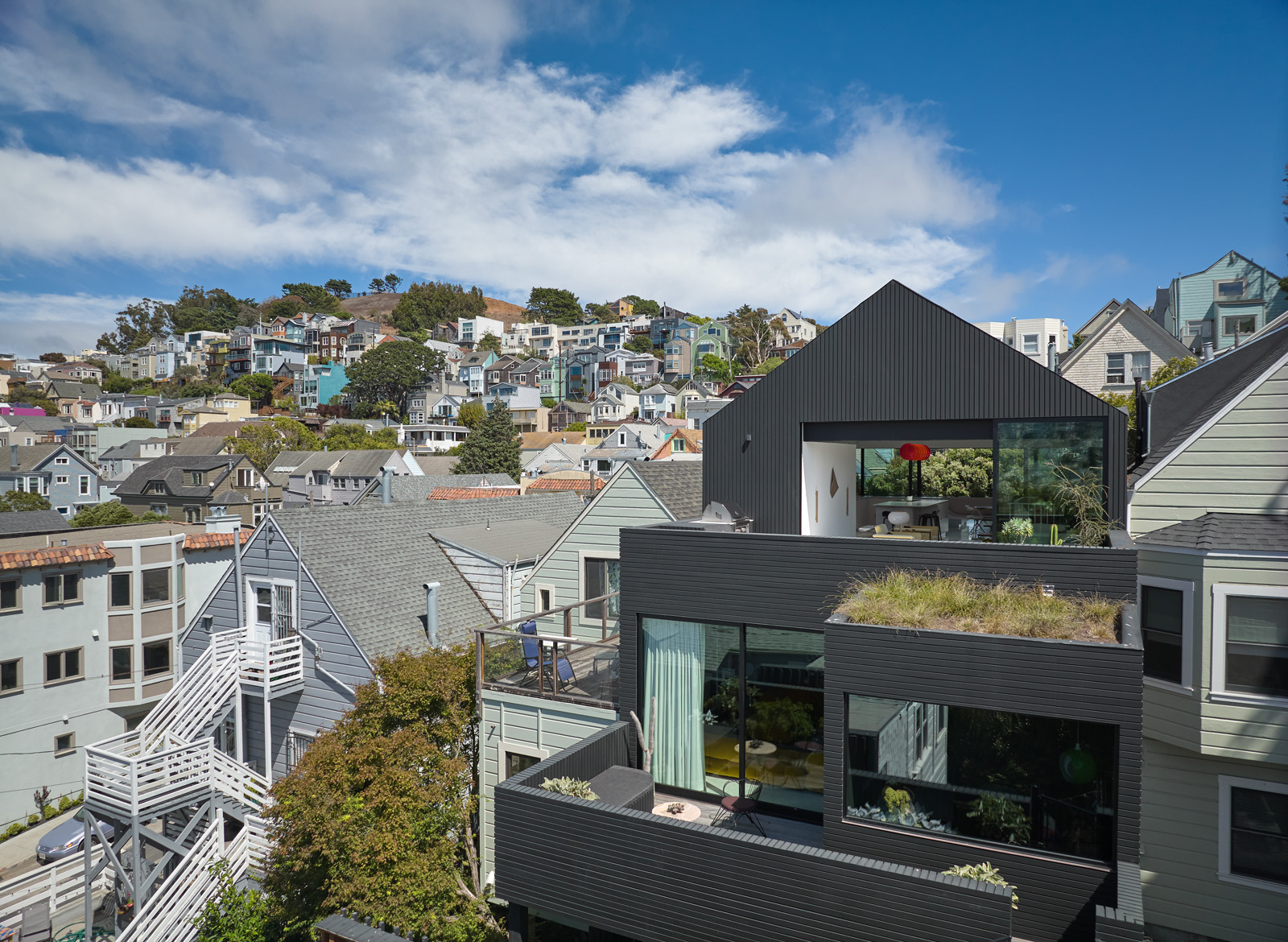 A neighborhood of modern and traditional houses on a sloped hill, with a black house in the foreground featuring large windows and a rooftop garden.