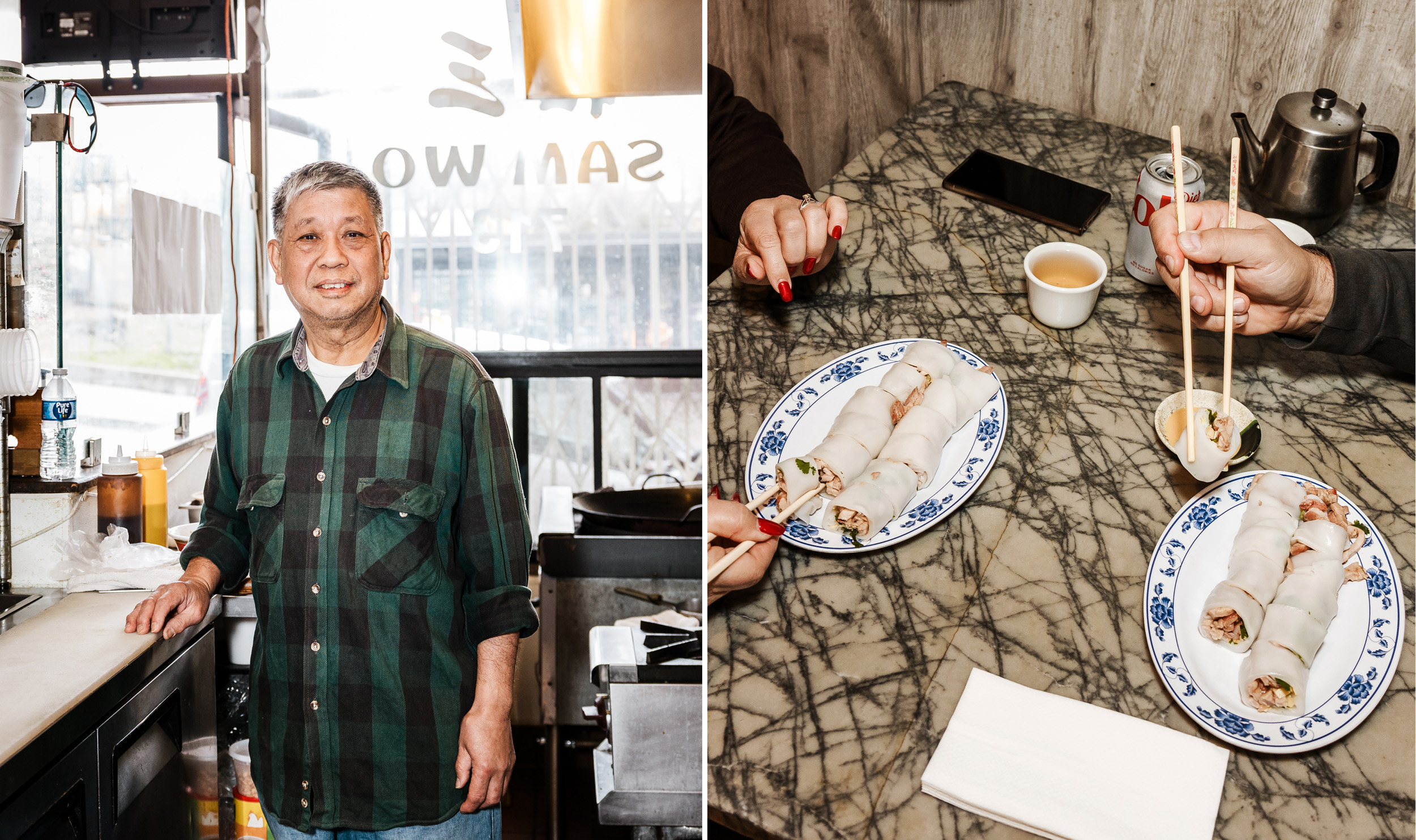 The image shows a man in a green plaid shirt in a kitchen and a table with plates of rice rolls, a teapot, a cup, a soda can, and hands using chopsticks.