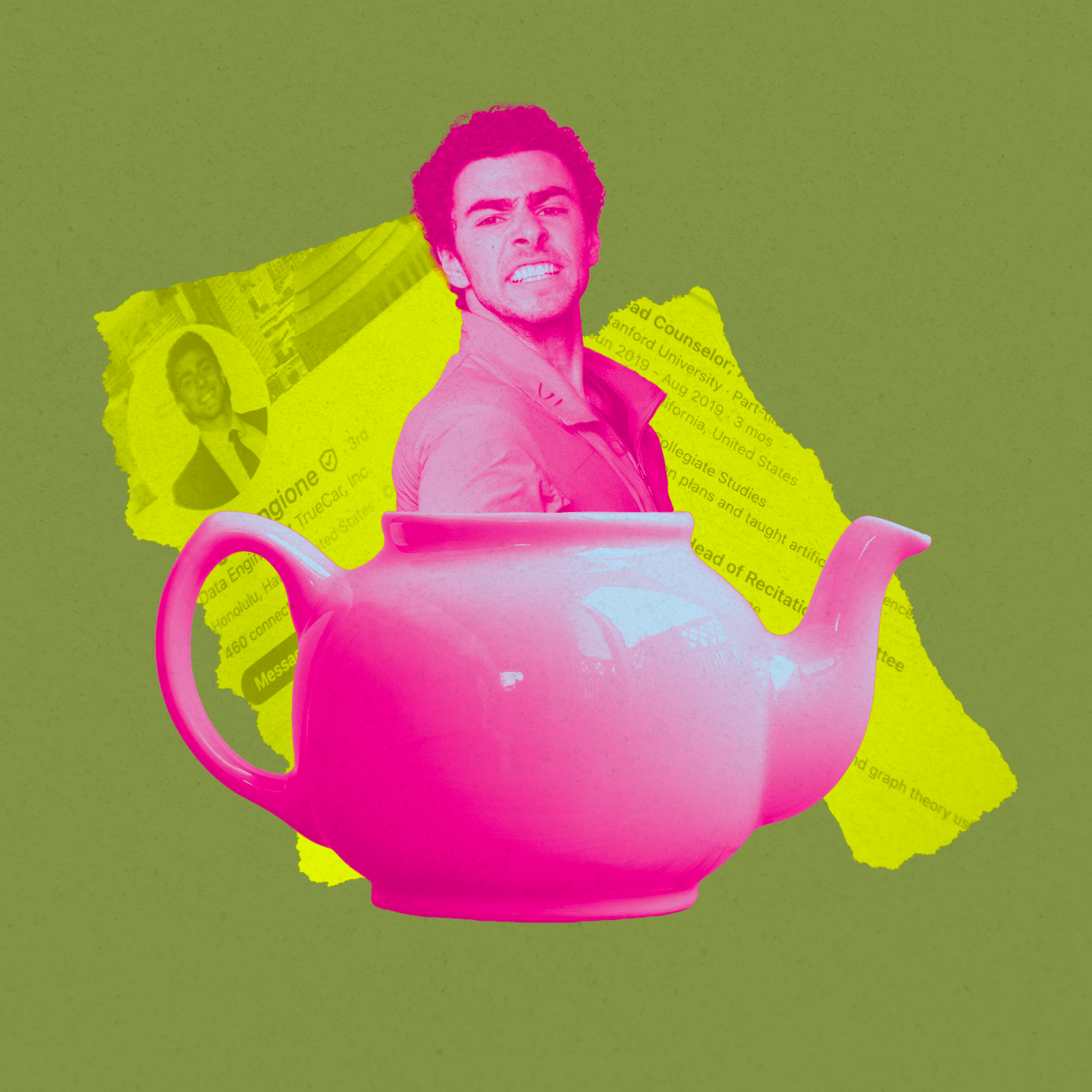 A person is pictured overlaid inside a pink teapot, with yellow and green torn paper scraps in the background on a plain green backdrop.