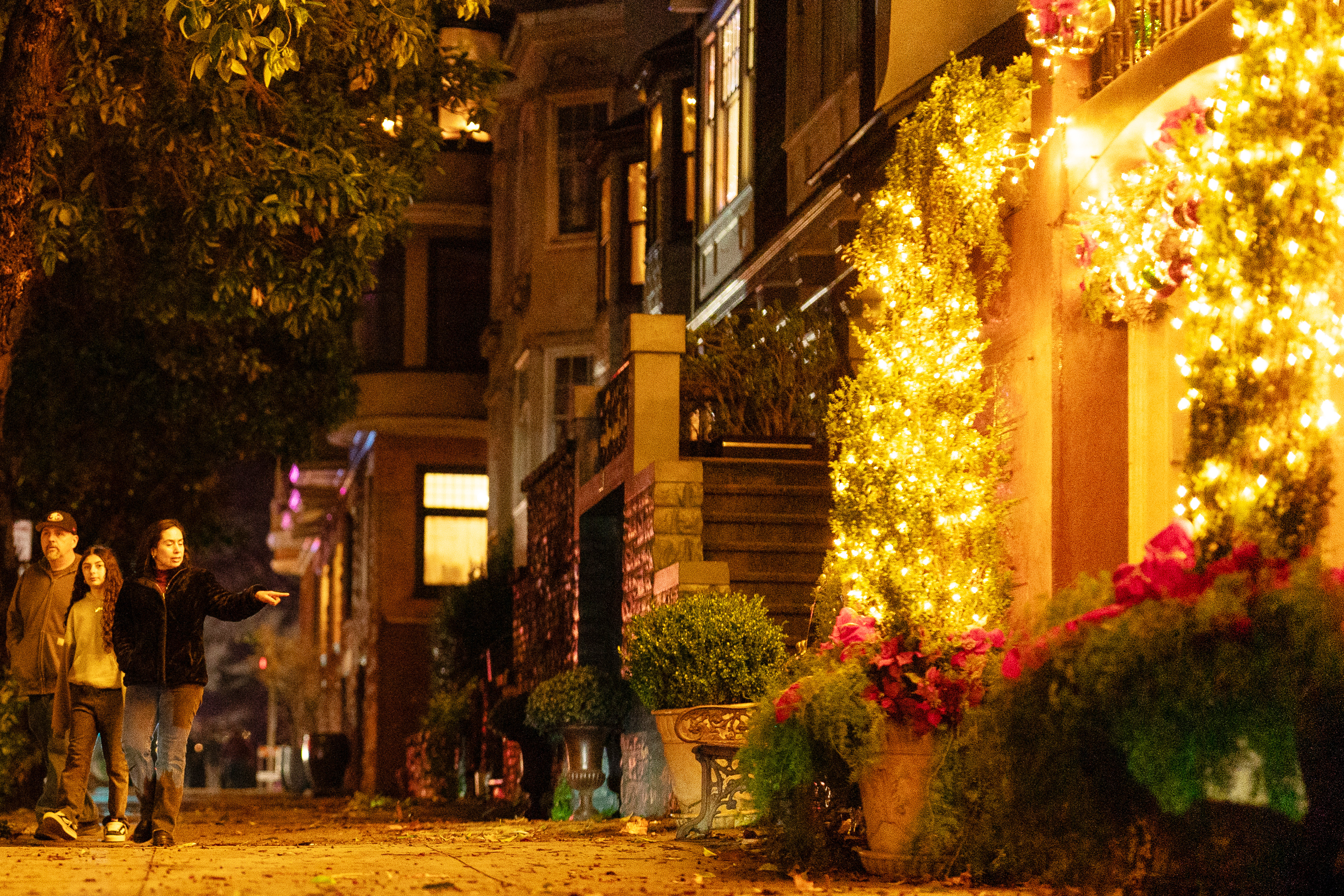 A group of people walks down a leafy street at night. The scene is warmly lit by festive, golden lights adorning bushes and a building nearby.