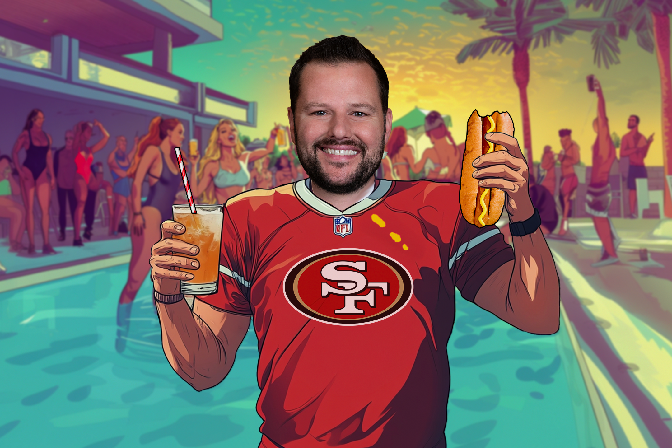 A man, smiling, holds a drink and a hot dog at a lively pool party. He wears a red sports jersey, and the atmosphere is festive with people and palm trees around.