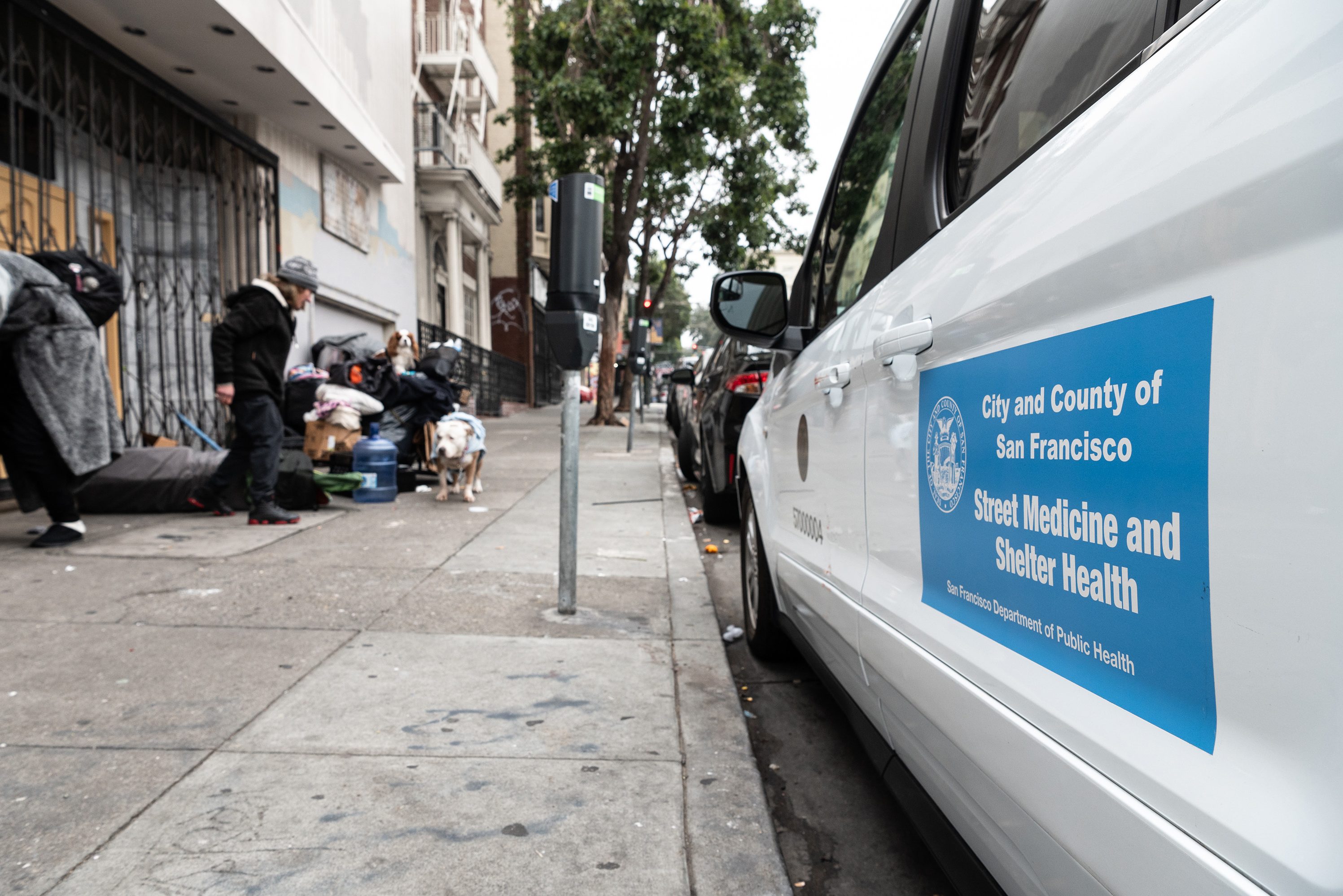 A white van with a &quot;Street Medicine and Shelter Health&quot; sign is parked on the street. Nearby, a person with belongings and a dog is set up on the sidewalk.