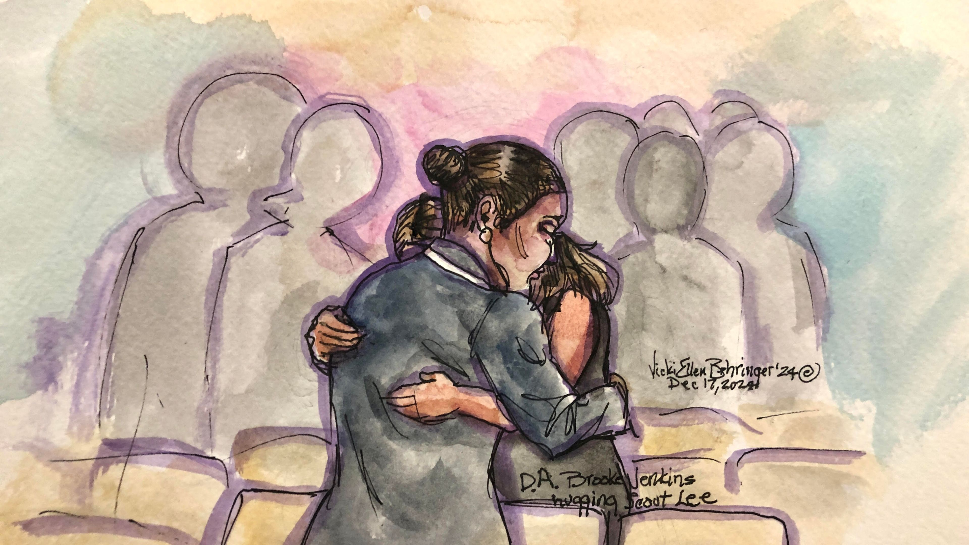 The image is a watercolor-style courtroom sketch showing two individuals embracing, surrounded by softly outlined figures in the background.