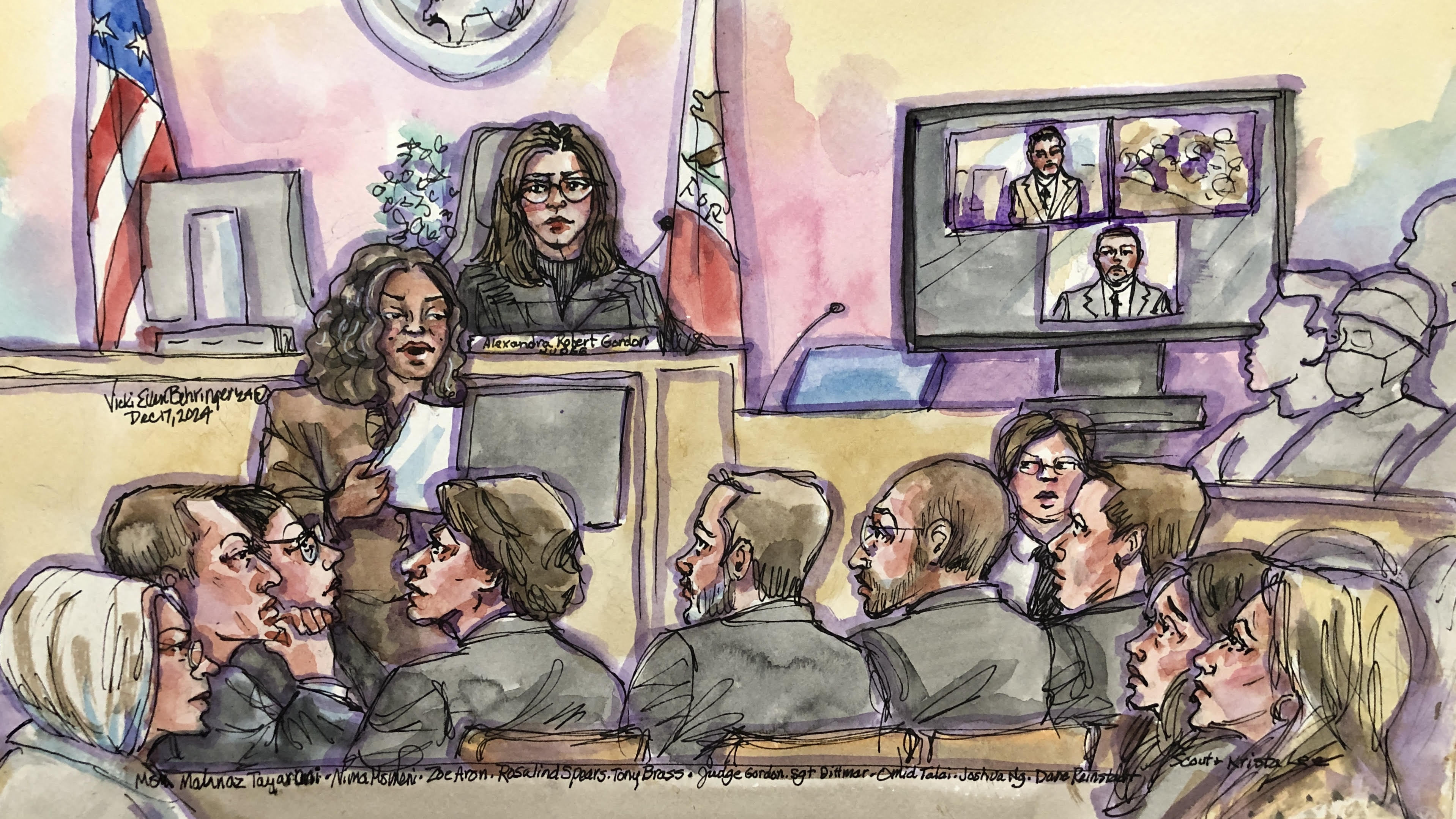 A courtroom sketch shows a judge, a lawyer speaking, and a jury listening intently. A screen displays video conference participants. An American flag is visible.