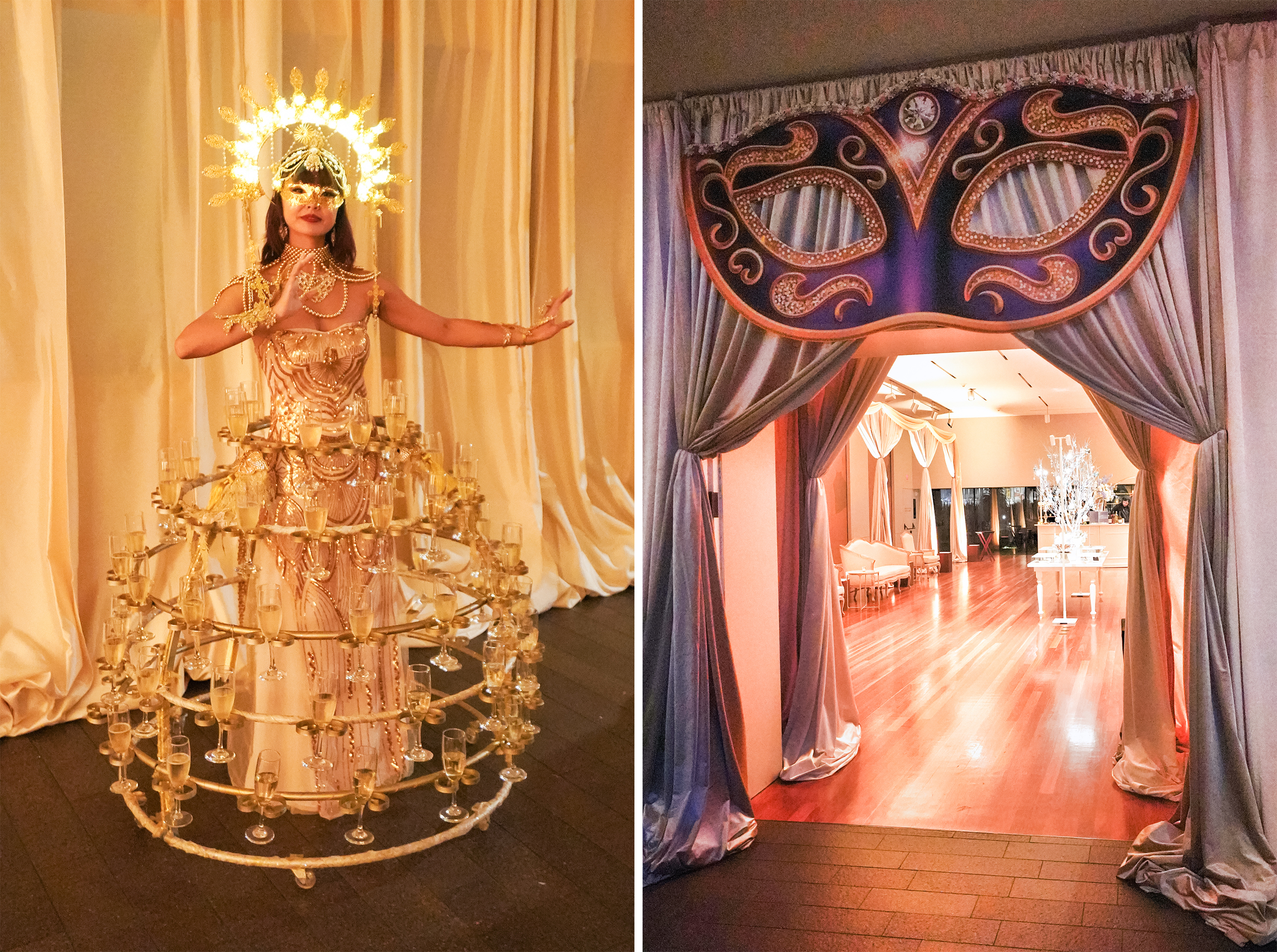 A woman stands wearing an elaborate dress with champagne glasses and a glowing headdress. Next to her is an elegant entrance with a large mask decor overhead.