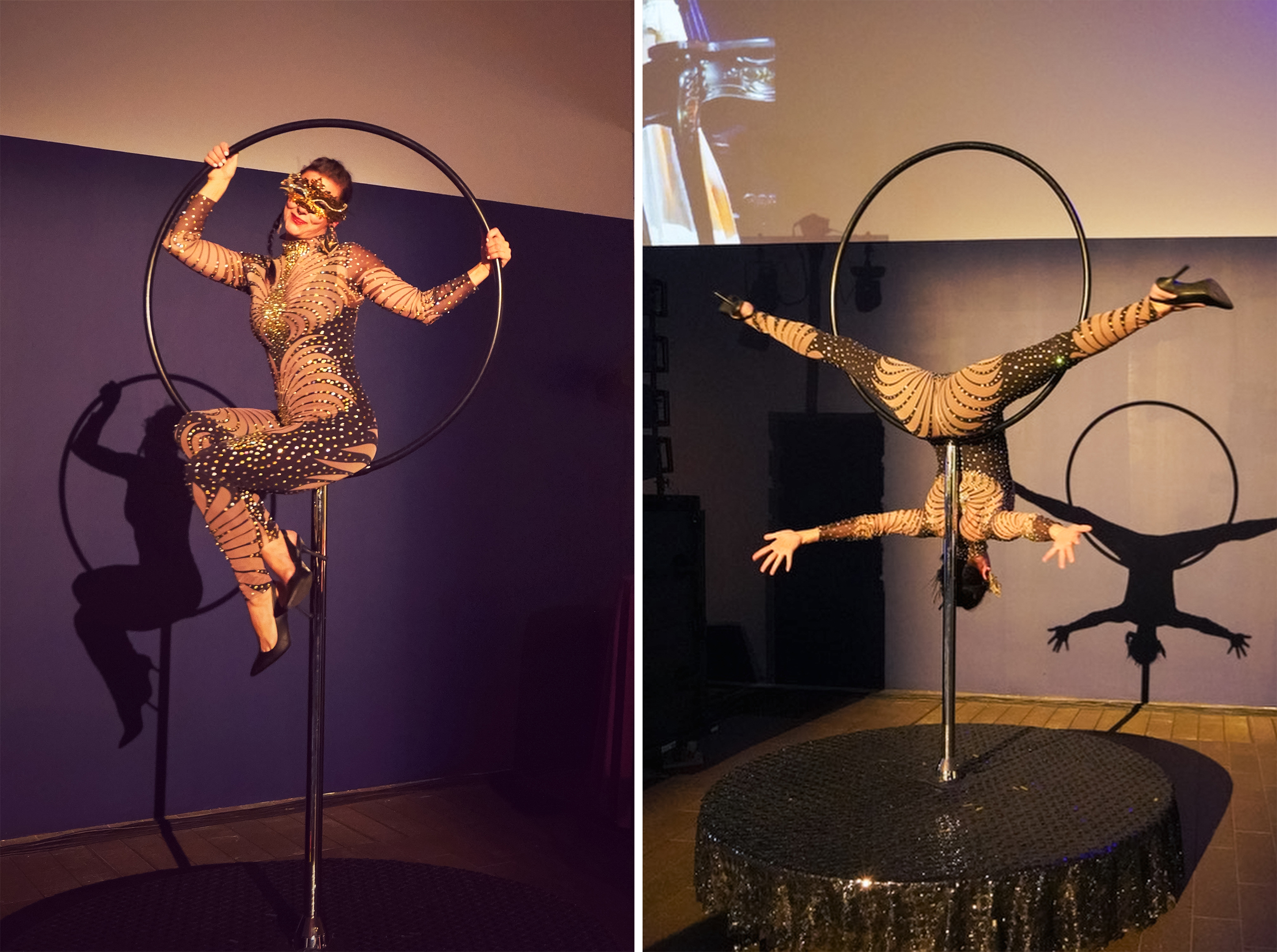 The image shows a performer in a patterned bodysuit and mask, doing acrobatics on a hoop, suspended mid-air and posing gracefully in two different positions.