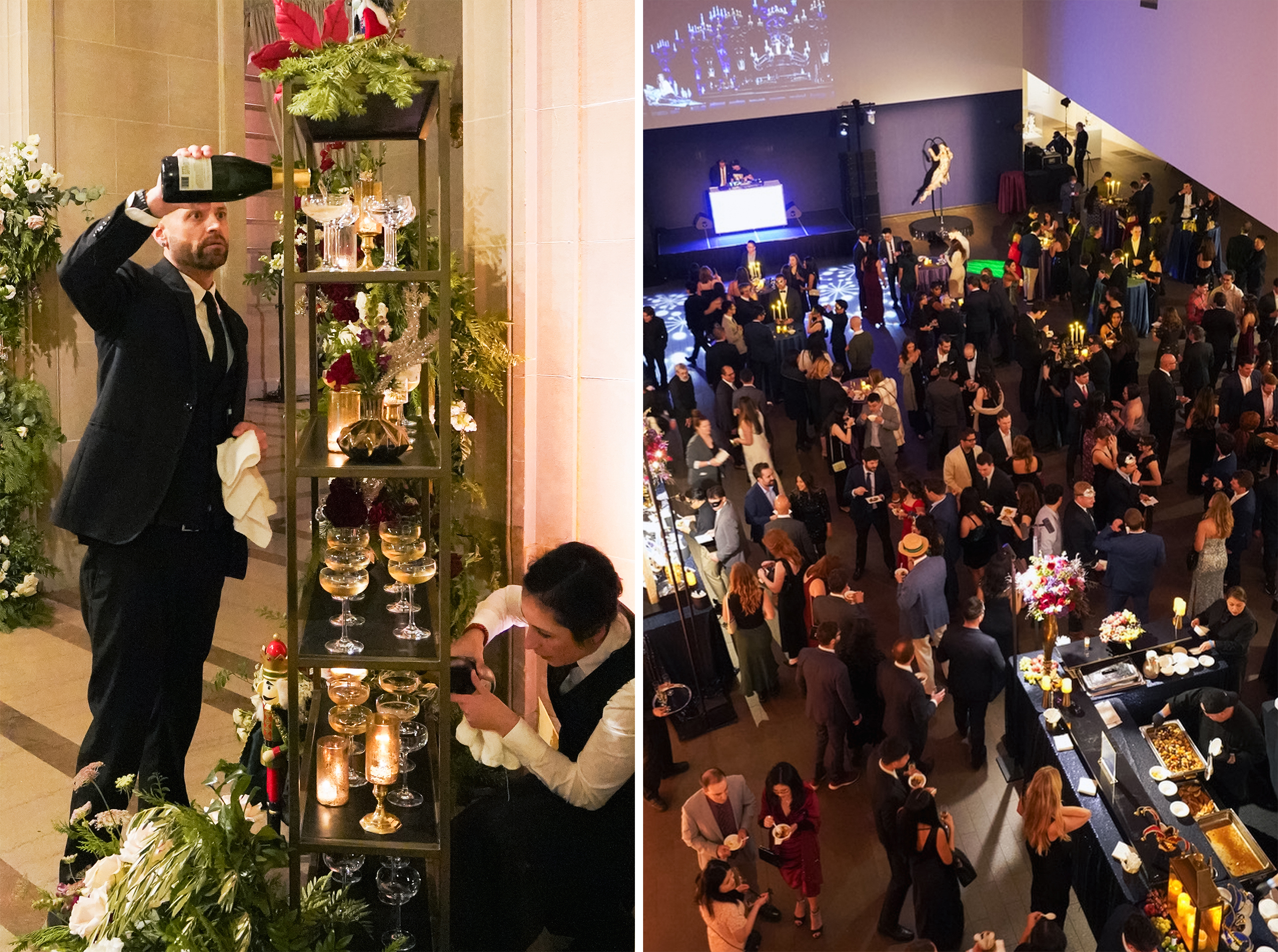 A bartender fills champagne glasses stacked on a decorative shelf. Nearby, a lively party scene unfolds with guests mingling around a dance floor and buffet tables.