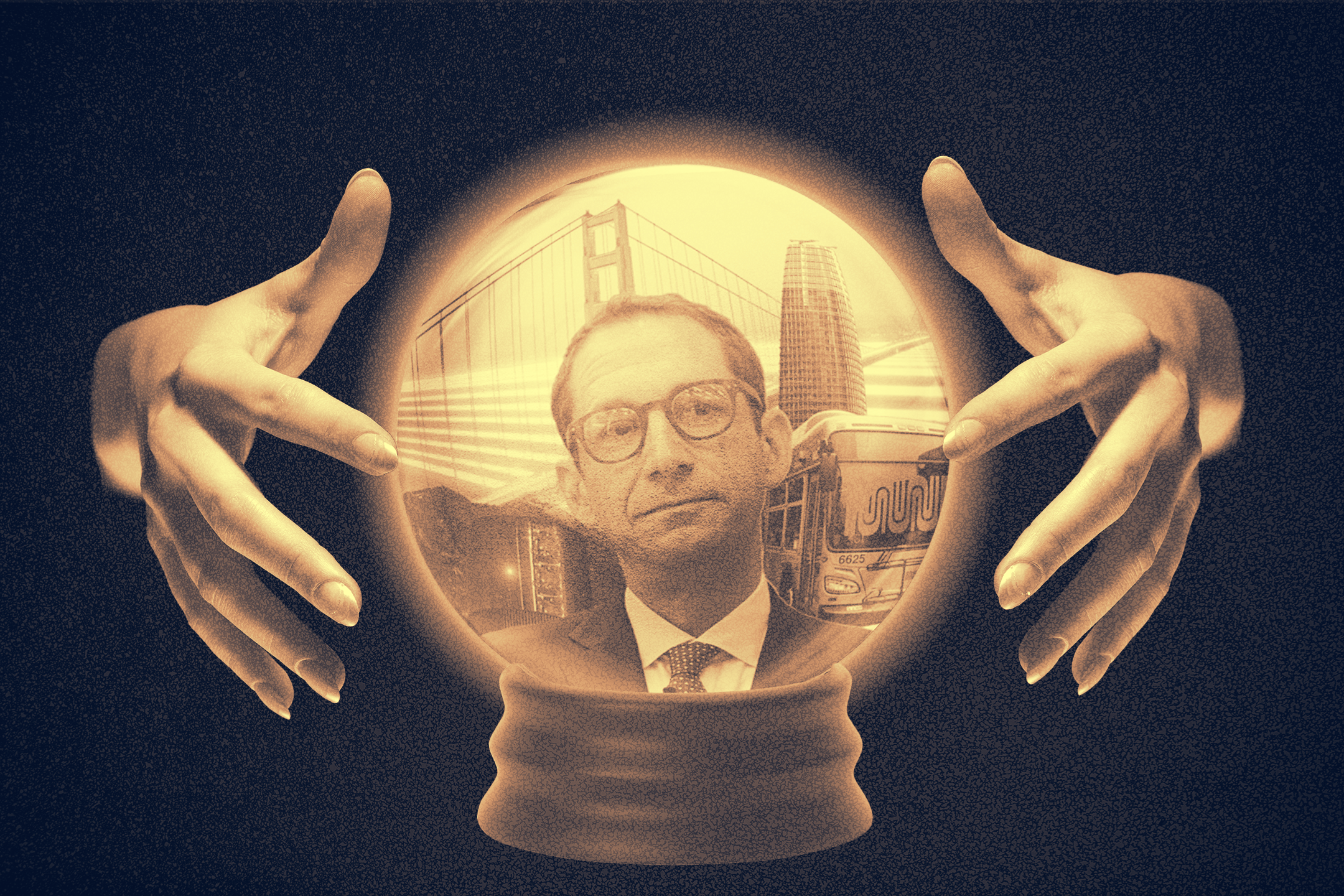 A pair of hands surrounds a glowing crystal ball containing an image of a man in glasses with a cityscape and a bus in the background.