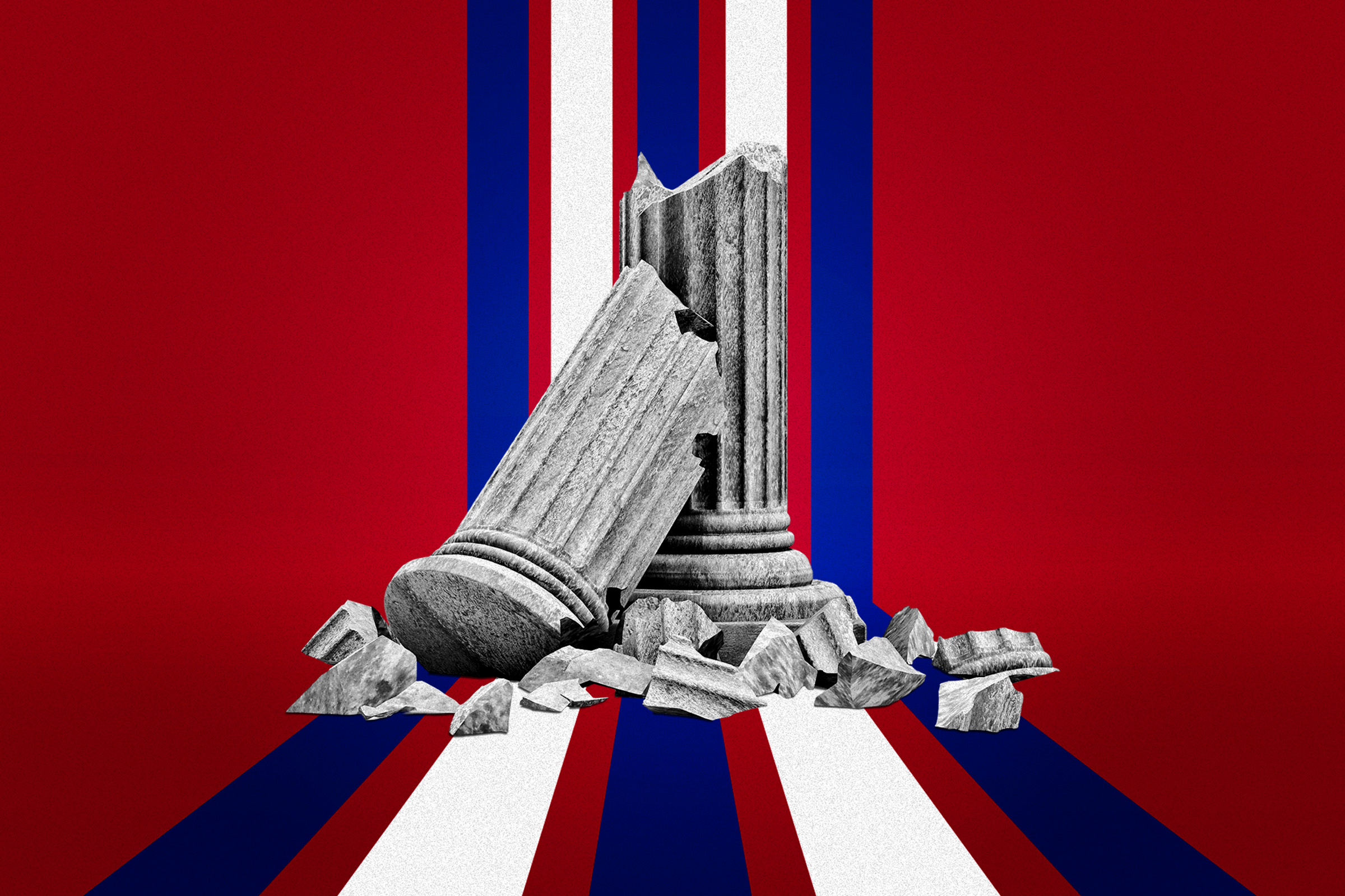 An illustration of a broken column against a red, white, and blue backdrop.