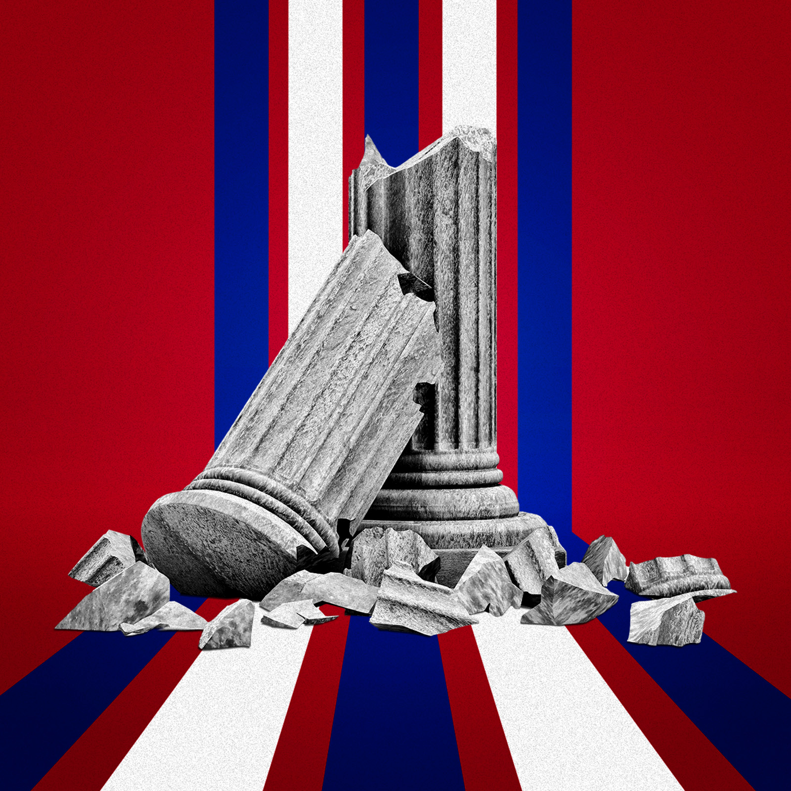 An illustration of a broken column against a red, white, and blue backdrop.