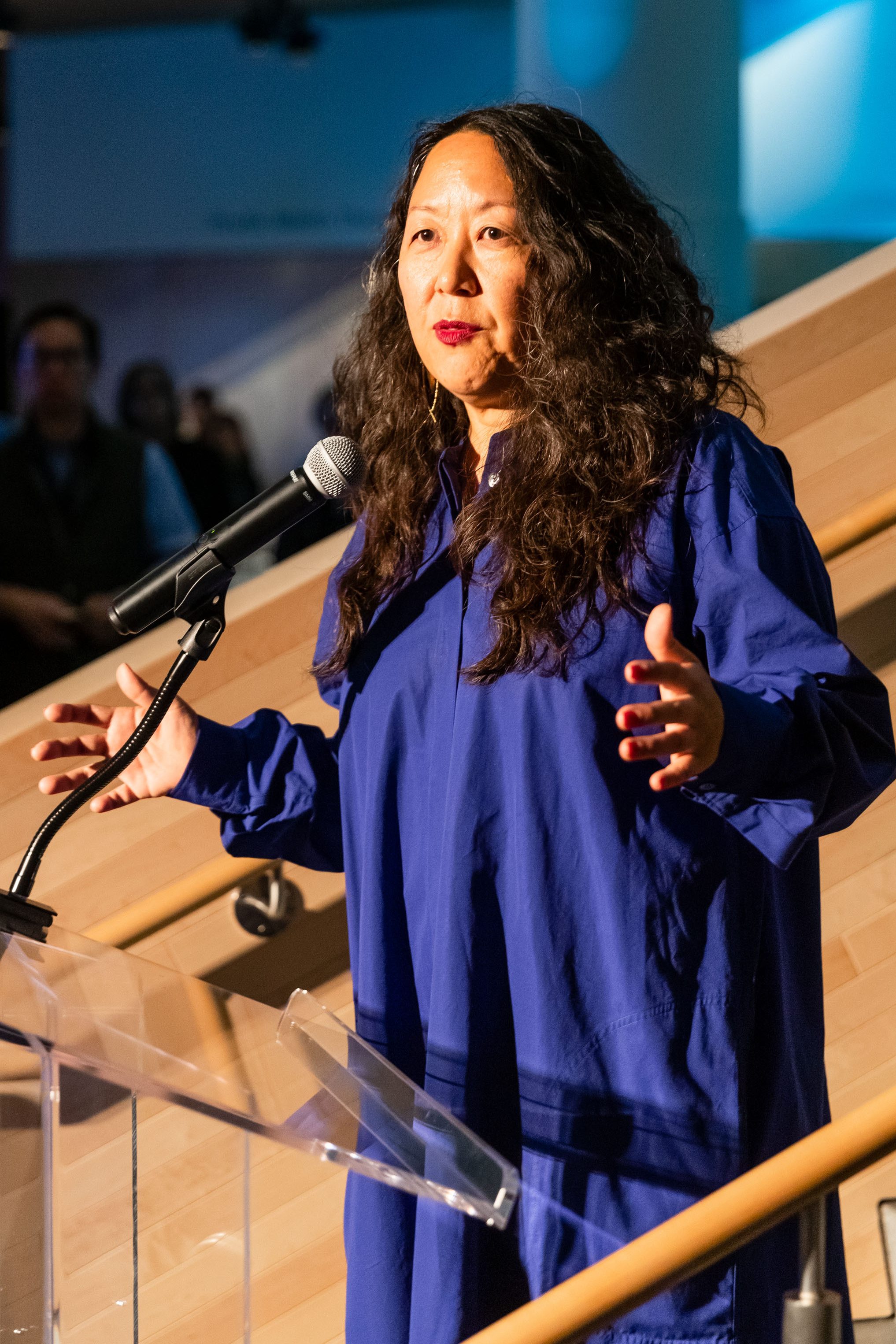 A woman in a blue dress speaks passionately at a podium with a microphone, gesturing with her hands in a well-lit indoor setting.