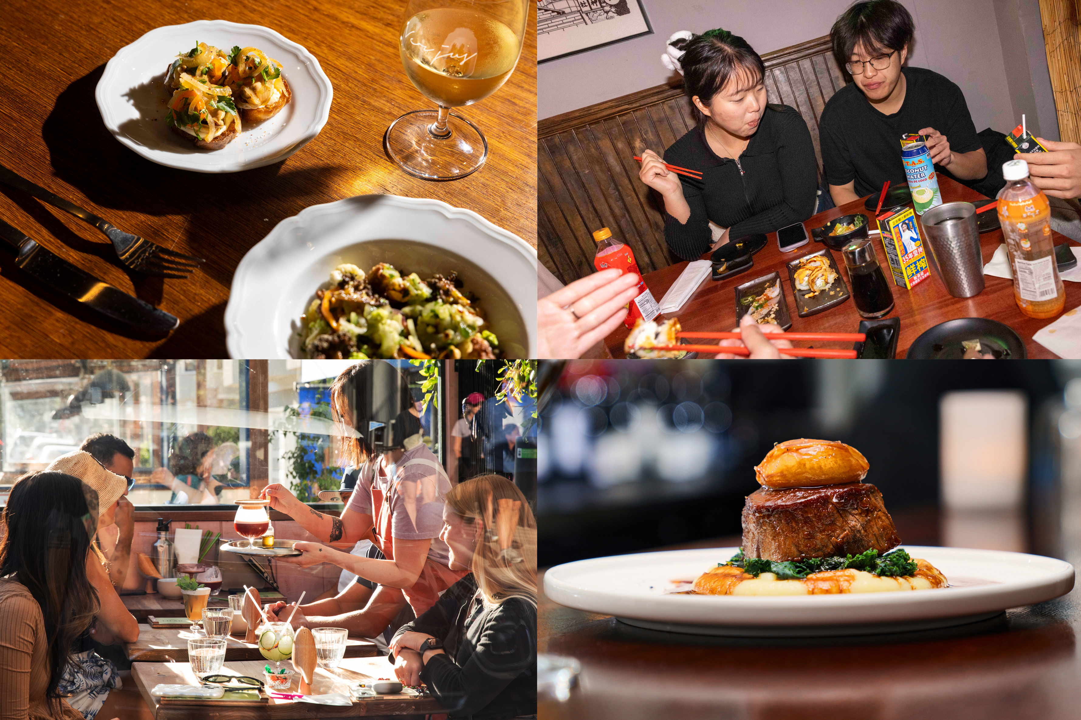 The image collage shows gourmet dishes on tables with people dining. There's a dessert, a meat dish with garnish, friends sharing a meal, and a server handing over drinks.