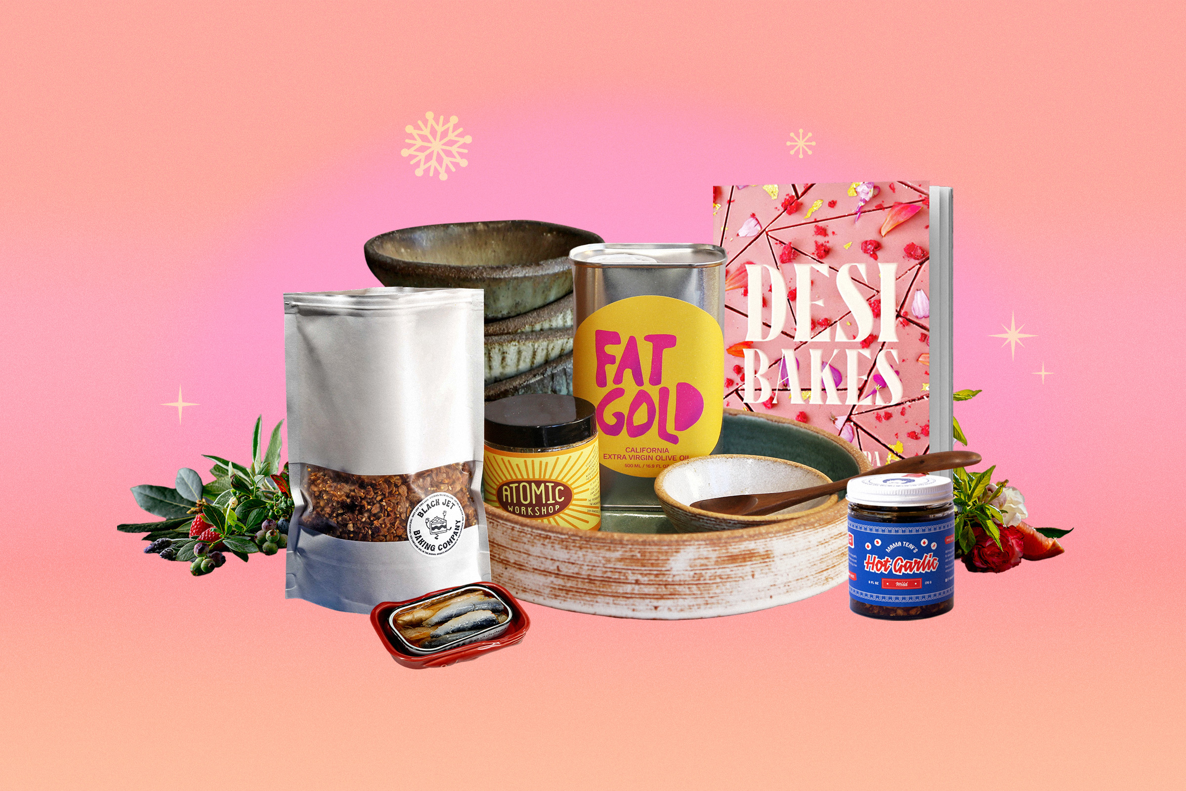 A group of holiday gift items including a cook book, chili oil, sardines, and more.