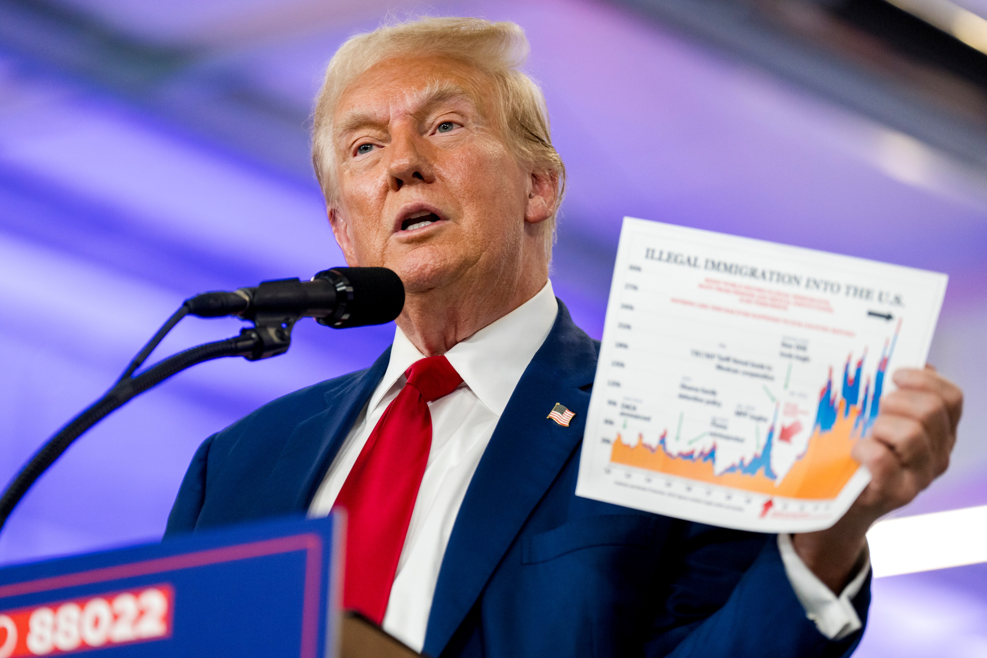 A man in a suit and red tie speaks into a microphone while holding up a chart about illegal immigration in the U.S., with a purple backdrop behind him.