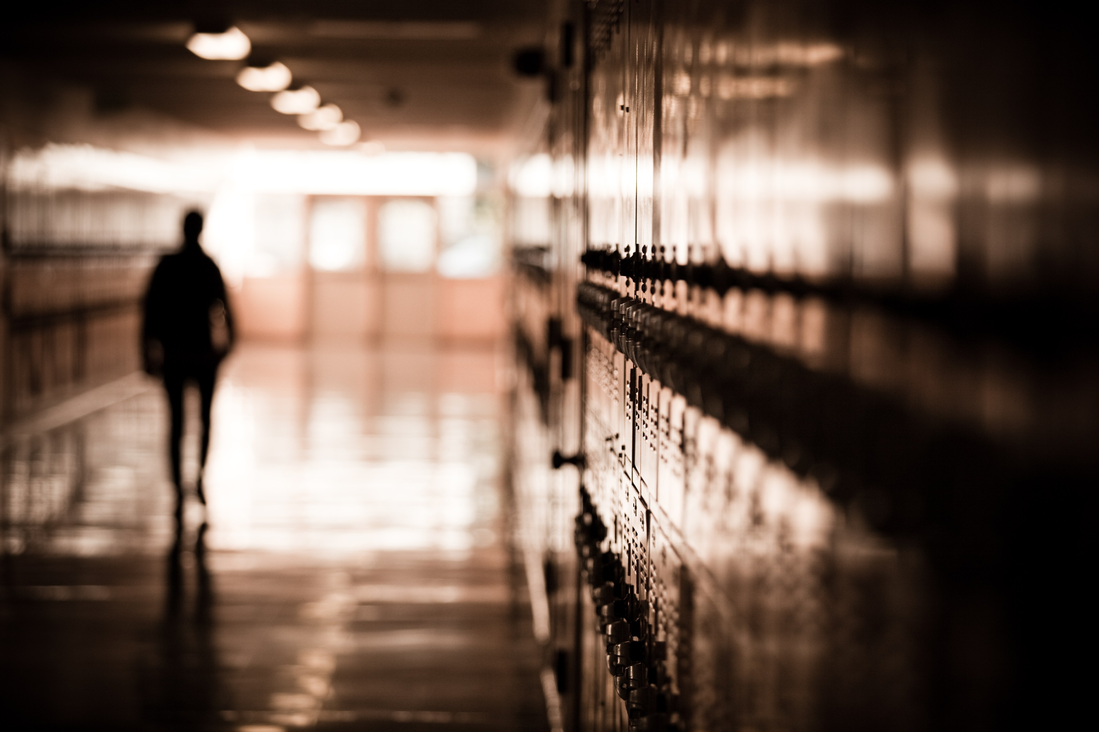 A dimly lit hallway with a silhouette of a person walking away and rows of lockers lining the side, creating a sense of solitude and stillness.