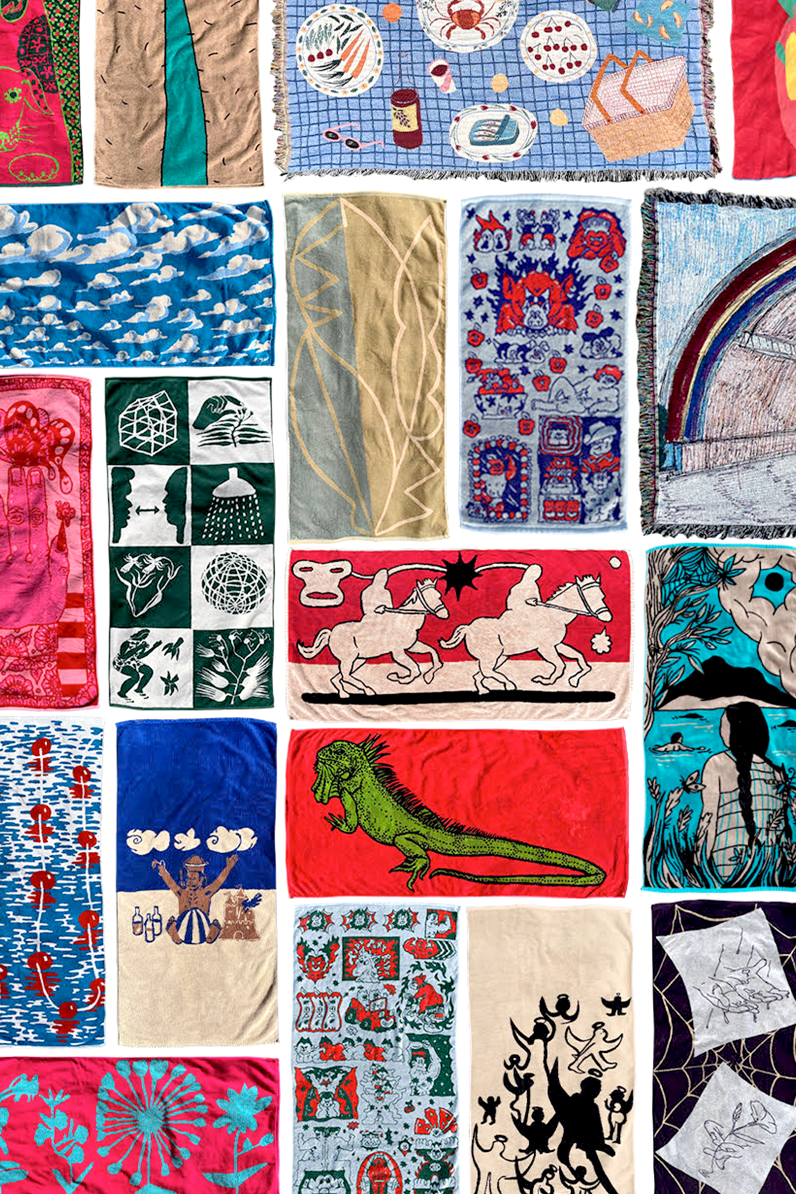 The image shows a collage of colorful, artistic tapestries with various designs, including animals, clouds, abstract patterns, and scenes. Each piece is distinct and vibrant.