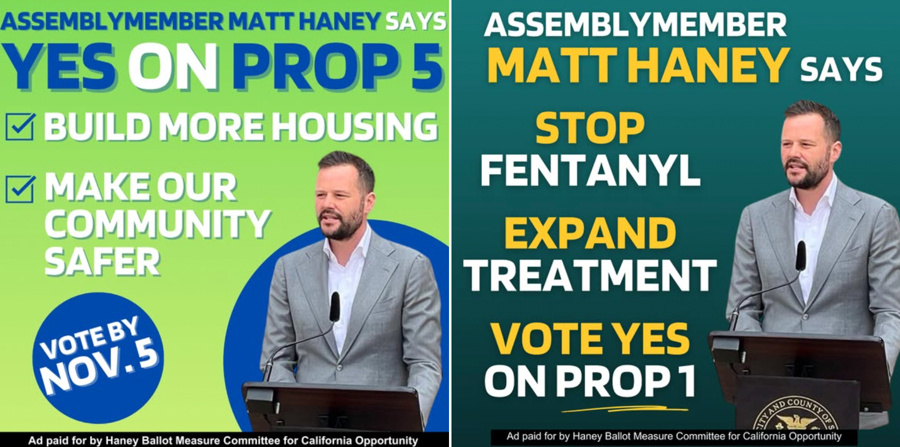 The image shows two side-by-side posters of Matt Haney advocating for Proposition 5 and 1, emphasizing housing, community safety, and addressing fentanyl.