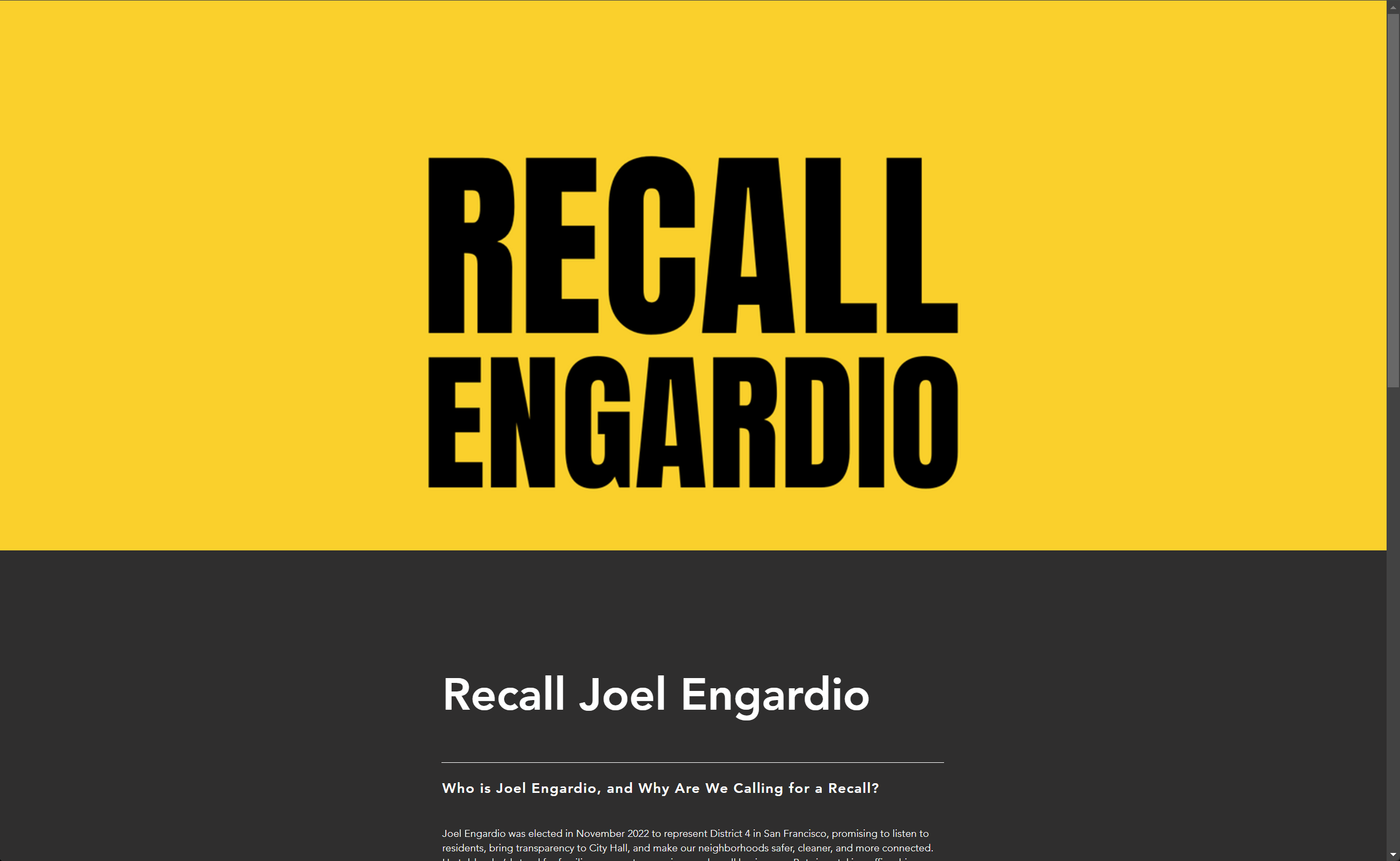 The image features a bold yellow and black design with the text &quot;RECALL ENGARDIO&quot; prominently displayed. Below, more detailed text calls for the recall of Joel Engardio.