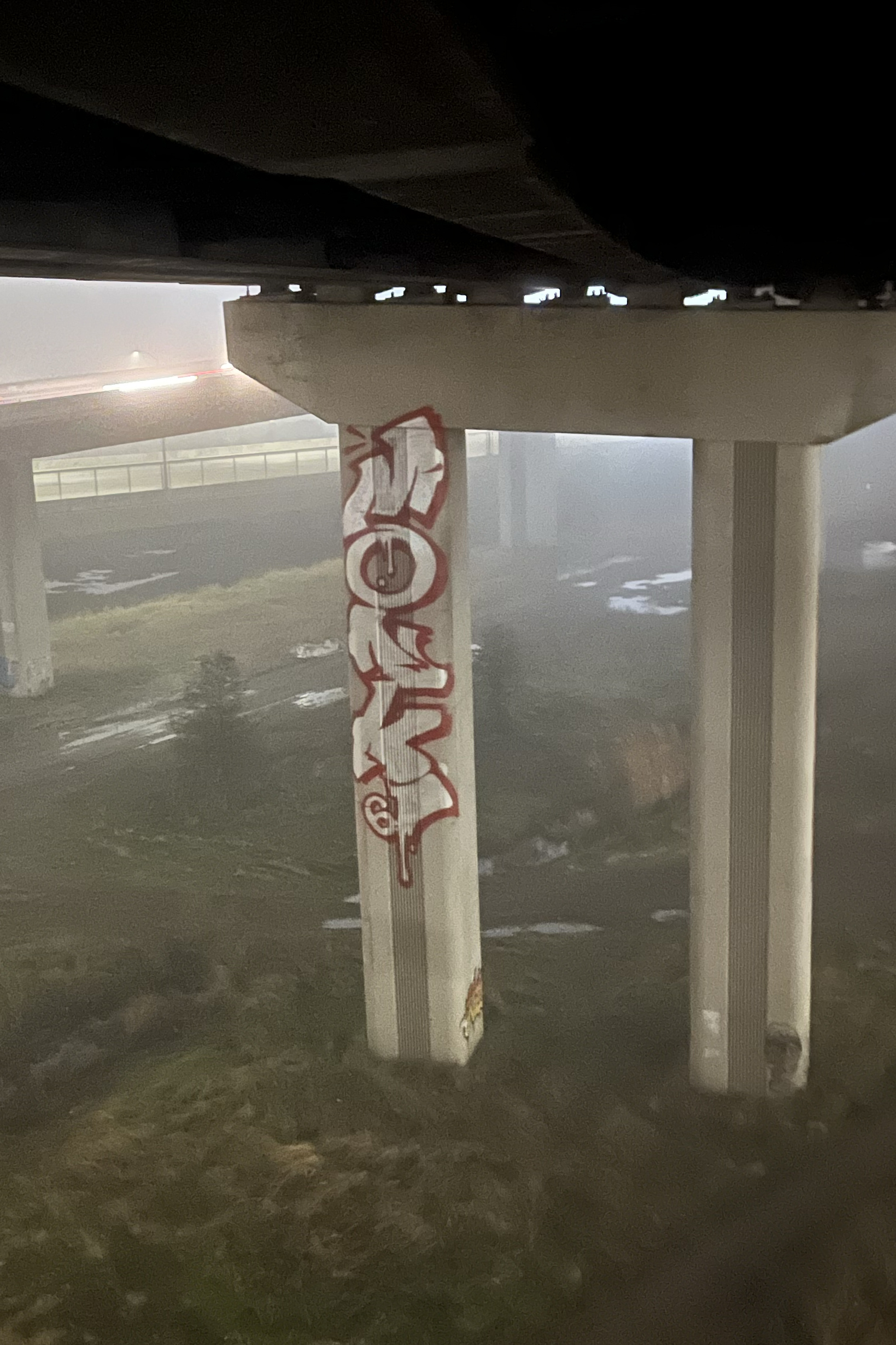 A concrete bridge pillar is covered with bold red graffiti, set against a foggy backdrop with dimly lit roads and patches of grass.