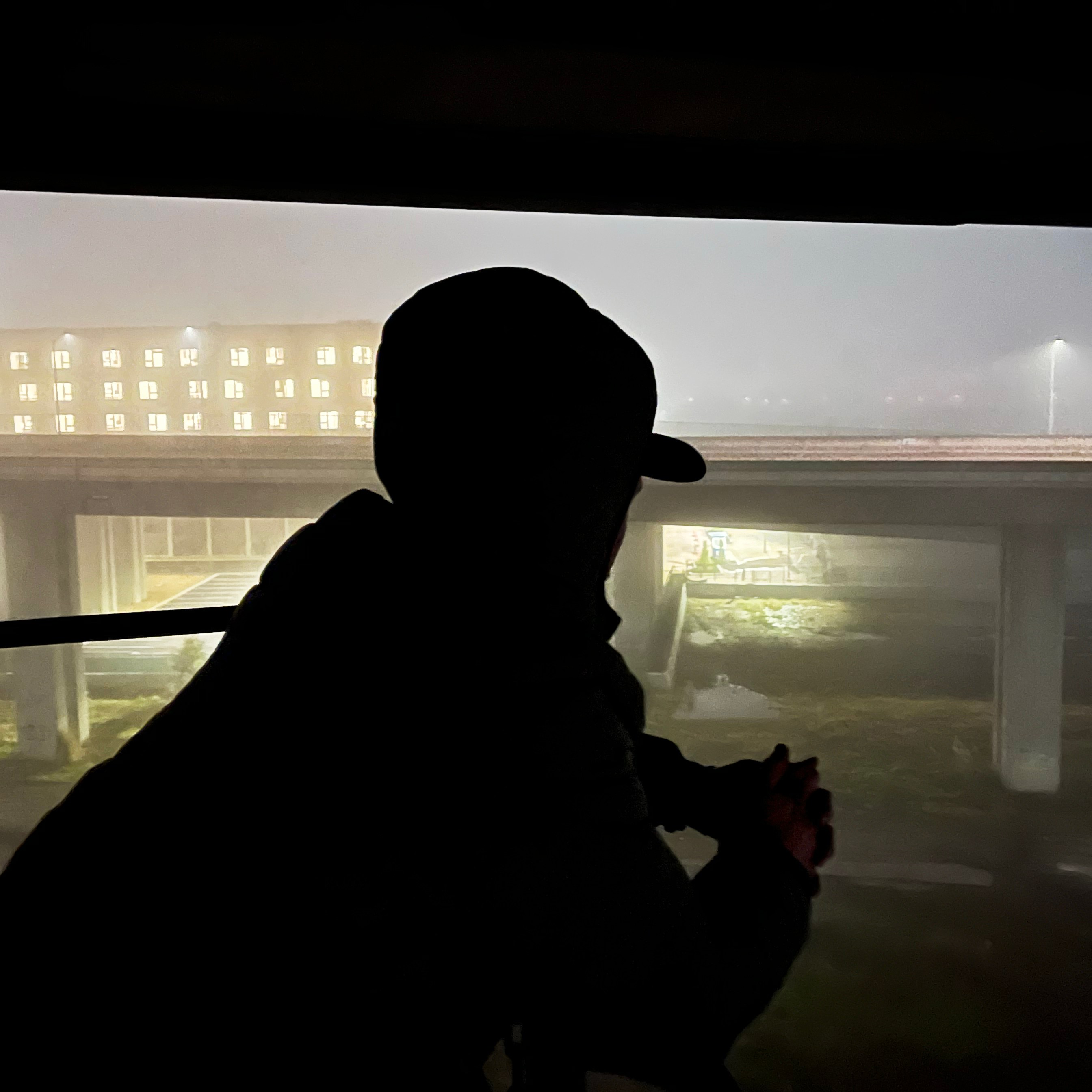 A silhouette of a person in a hood gazes out at a foggy urban scene, featuring a building with lit windows and an overpass with streetlights.