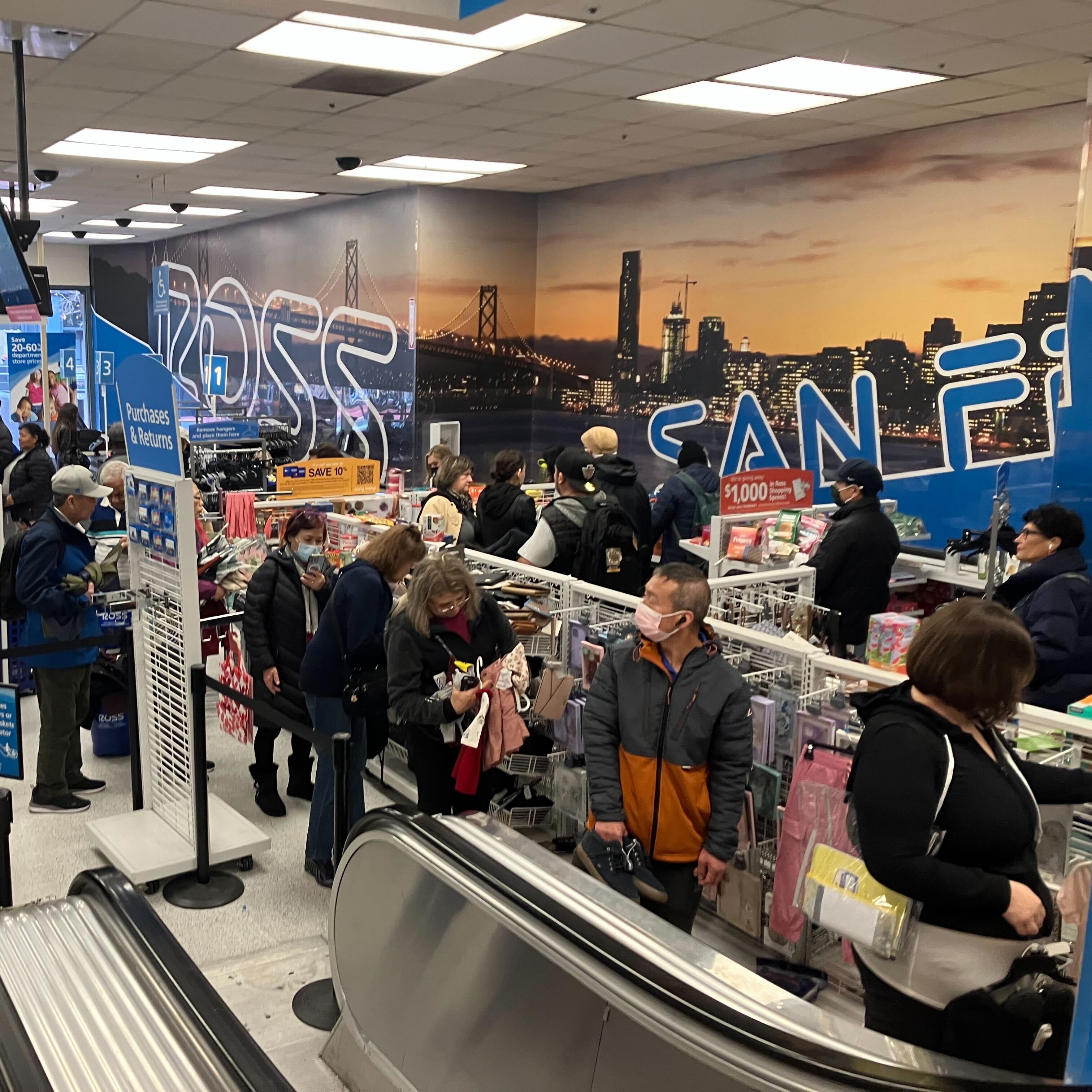 A view of customers lining up to pay on the second level of the Ross Dress for Less in Downtown San Francisco.