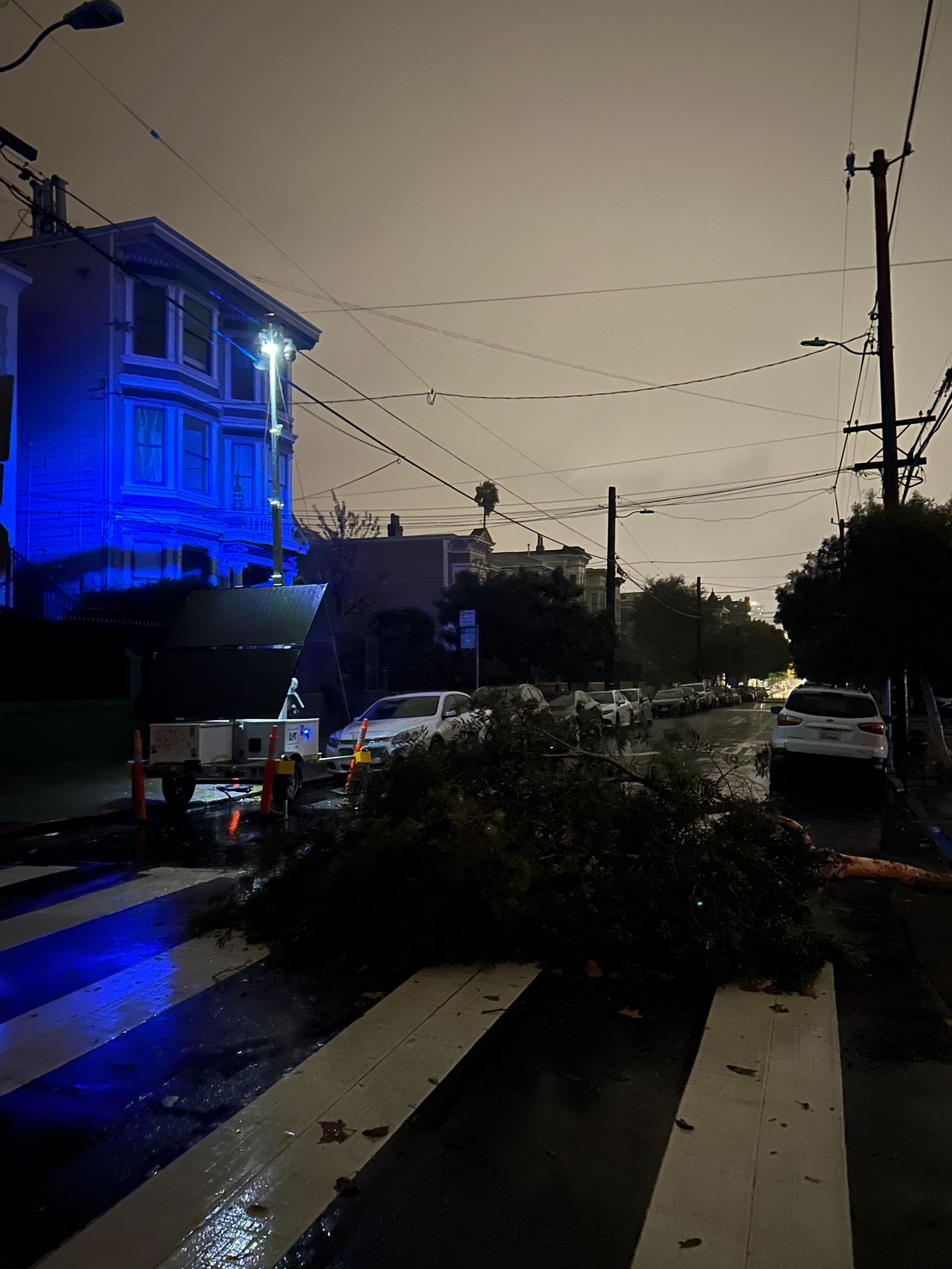 A nighttime scene shows a fallen tree blocking a wet street, with parked cars and illuminated buildings. Blue lights create highlights, and orange cones mark the area.