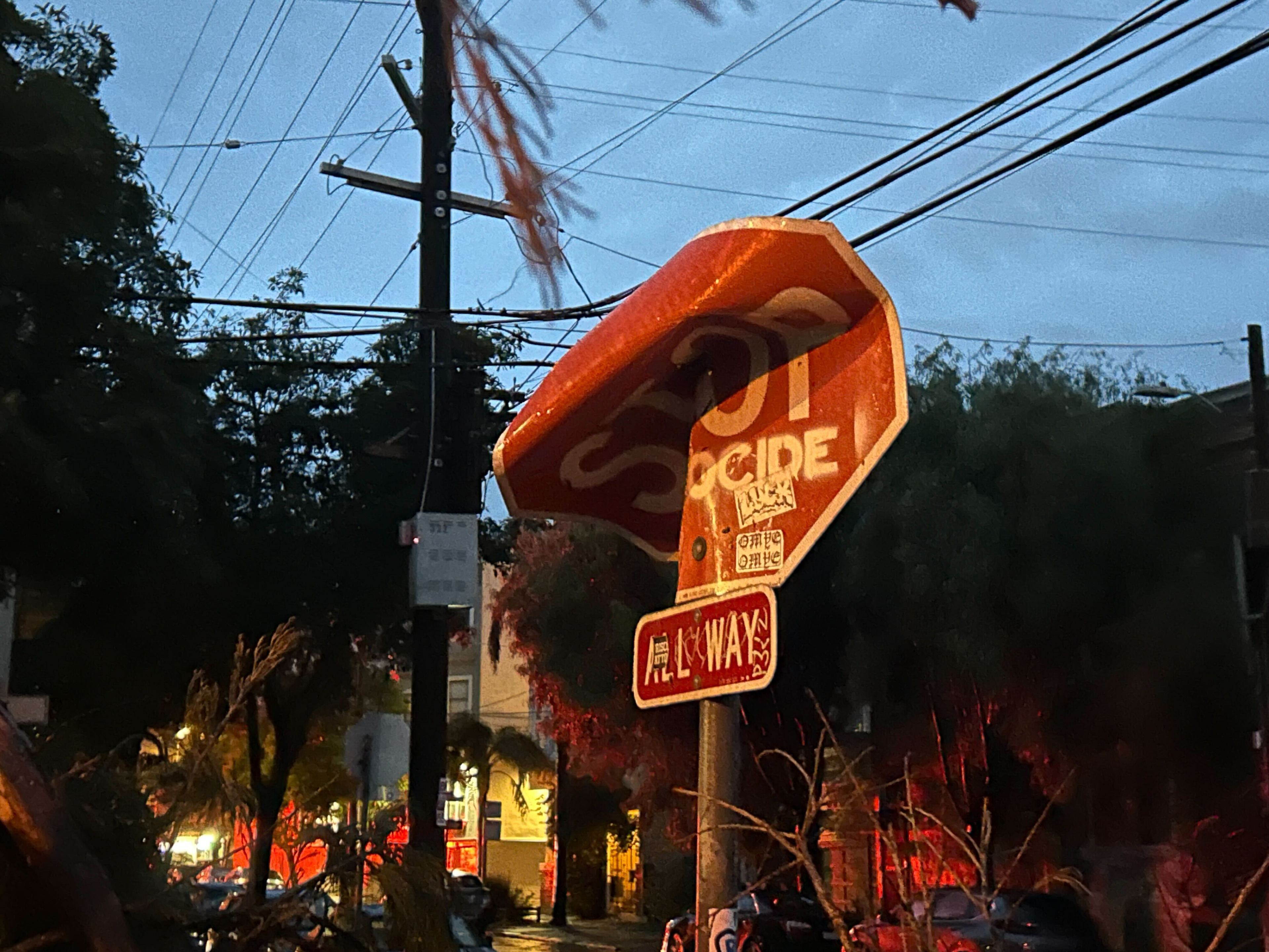 A crooked stop sign at dusk, partially obscured by tree branches. It's adorned with stickers, and the background features utility poles and a dimly lit street.