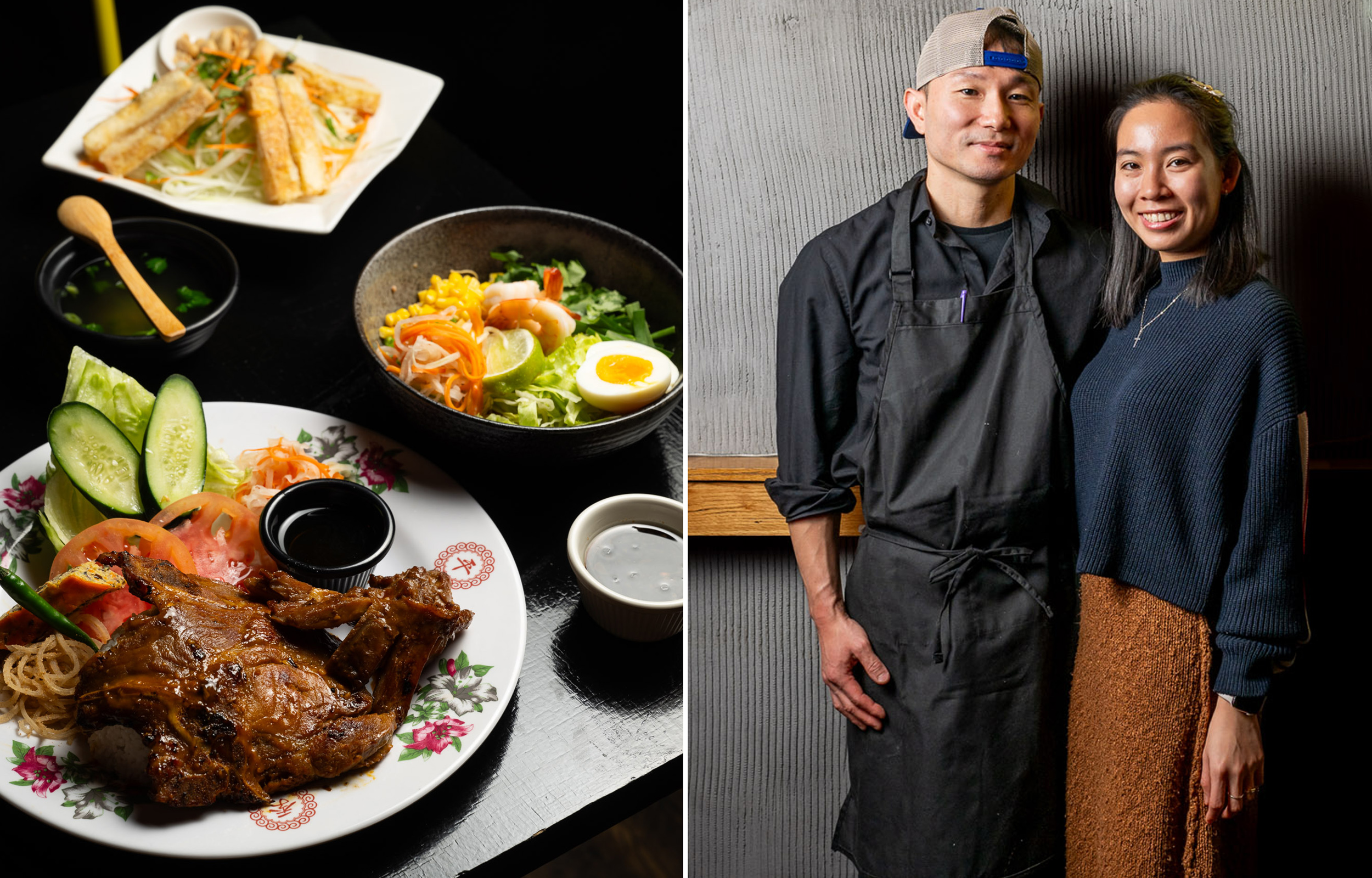 The image shows a delicious spread of Vietnamese dishes on the left and a smiling couple on the right, with the man wearing a chef's apron.