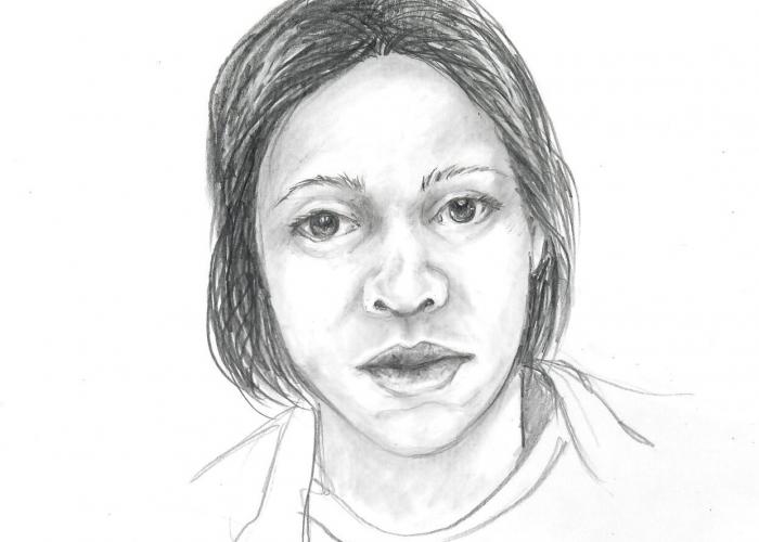 This is a pencil sketch of a person with straight hair and a neutral expression, looking directly forward. The drawing captures detailed facial features.