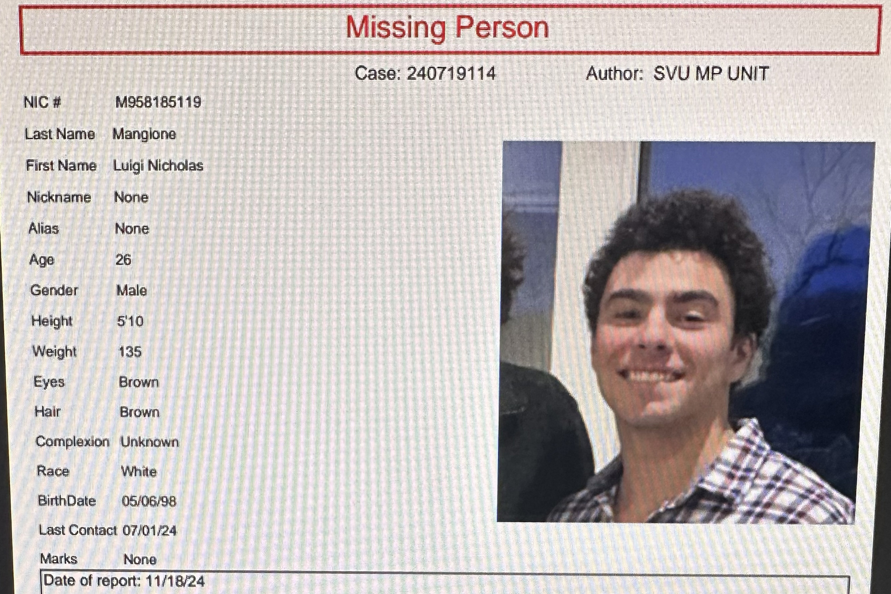 A missing person report shows a 26-year-old male named Luigi Nicholas Mangione with brown hair and eyes, 5'10&quot; tall, and weighing 135 lbs. A smiling photo is included.