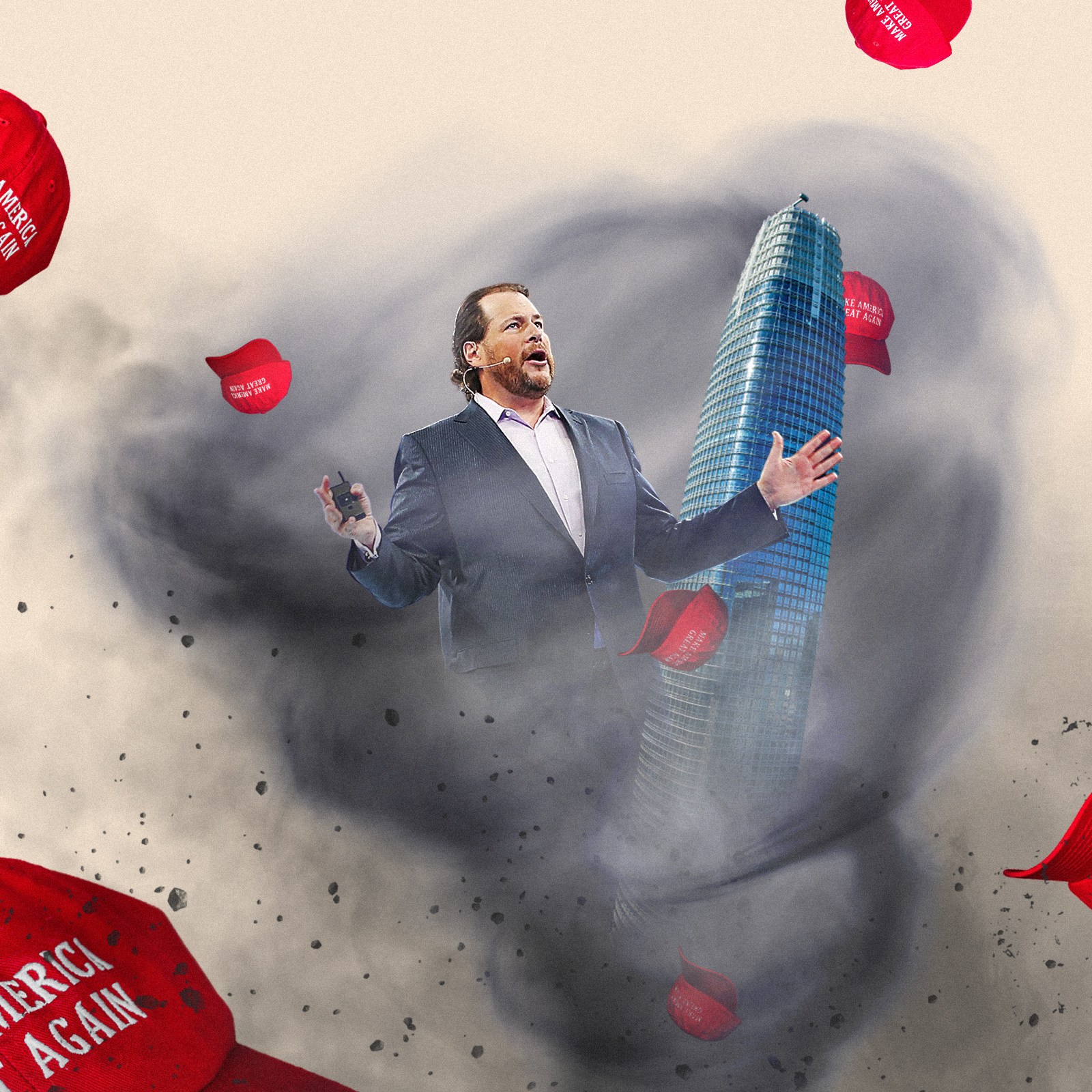 A man and red hats flying inside a tornado.