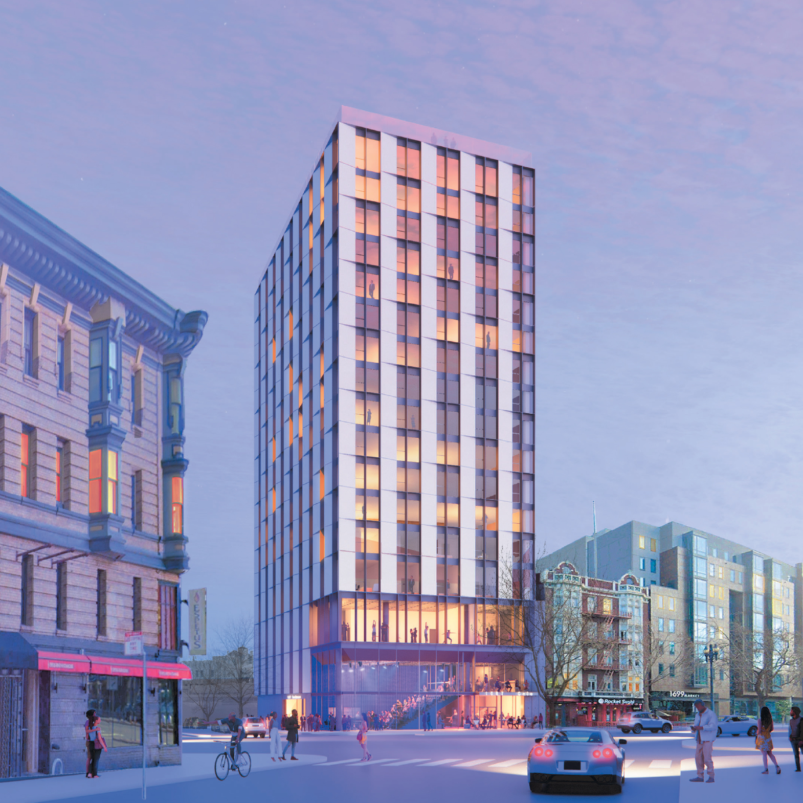 A modern, illuminated high-rise building stands in an urban area, surrounded by classic architecture, pedestrians, cyclists, and a car on a twilight backdrop.