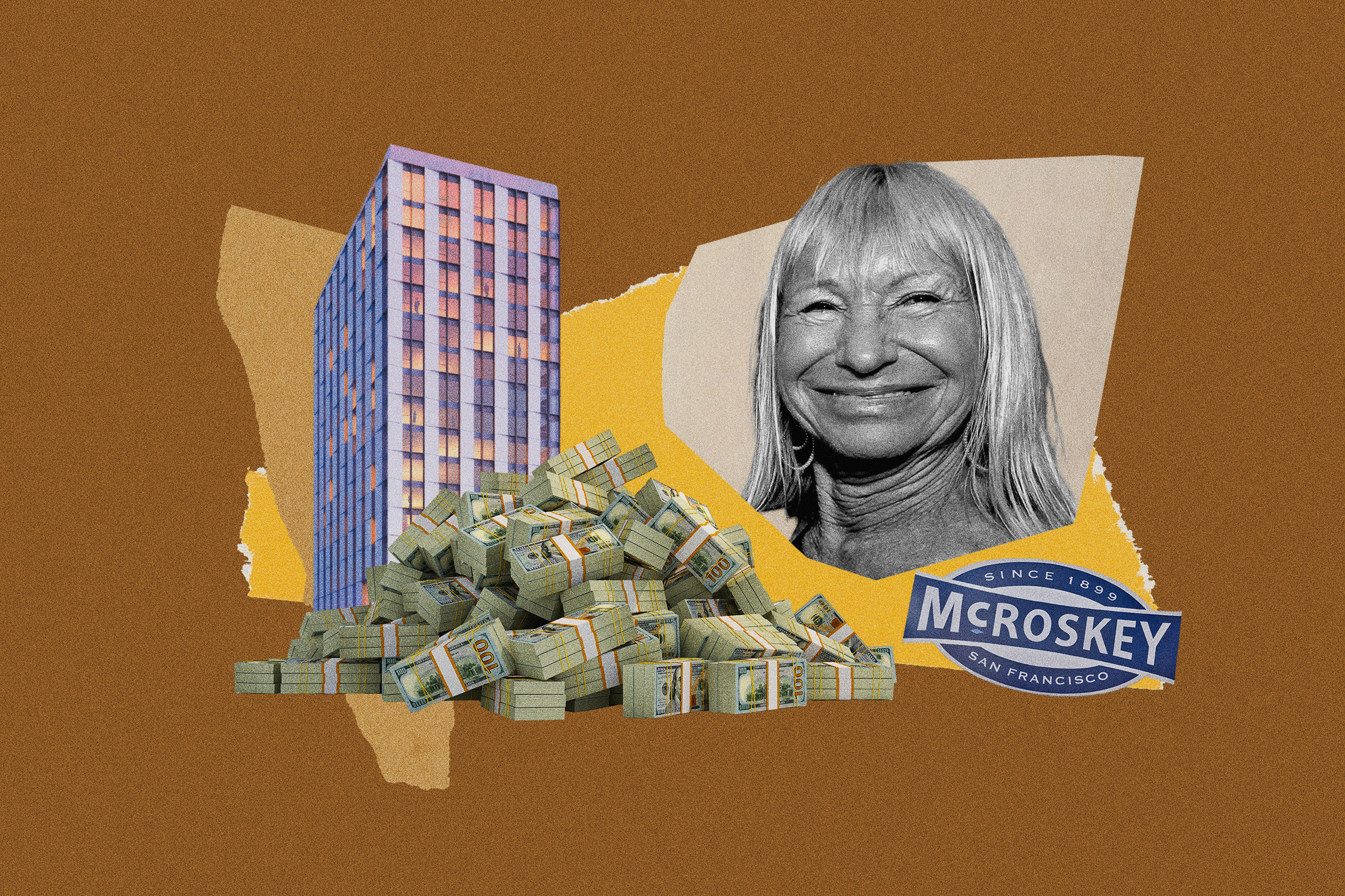 A collage with a tall building, a stack of money and a woman with blonde hair smiles warmly at the camera.