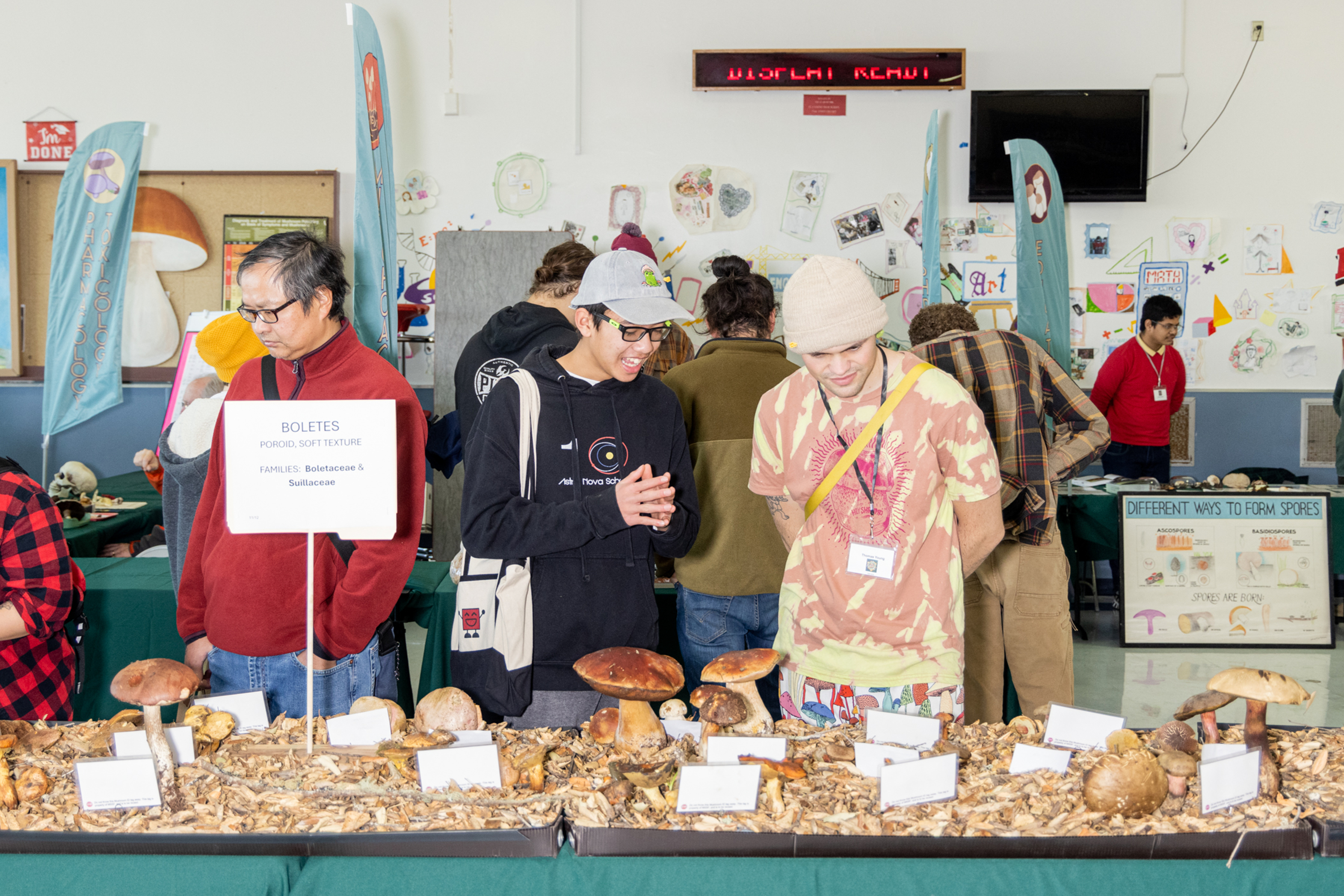 People are gathered around a table displaying various mushrooms, with a sign reading &quot;Boletes.&quot; The room has educational posters and vibrant banners.