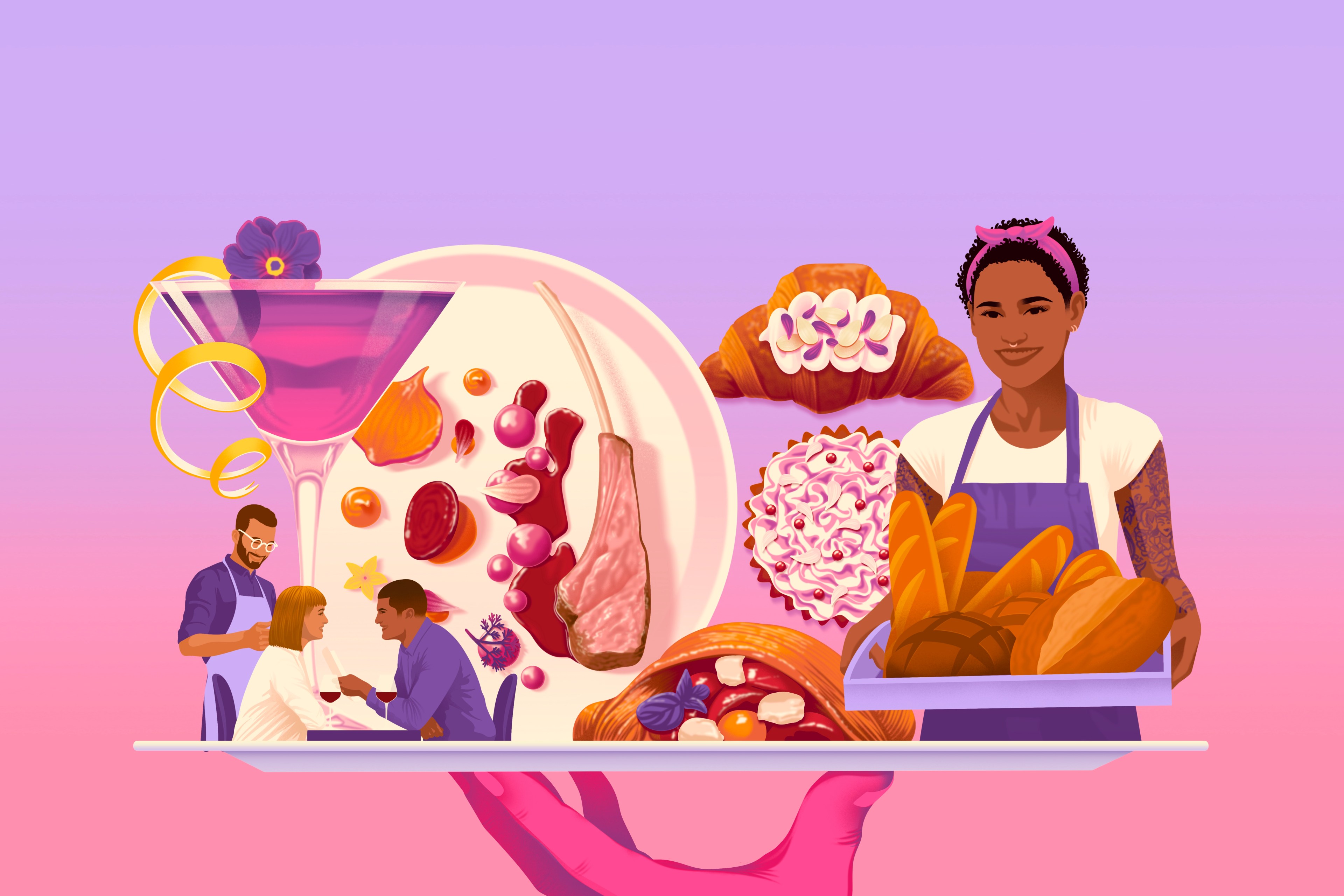 The image features a vibrant platter with diverse foods, cocktails, and a smiling woman holding bread. A couple dines with a waiter nearby, set against a pink-purple gradient.