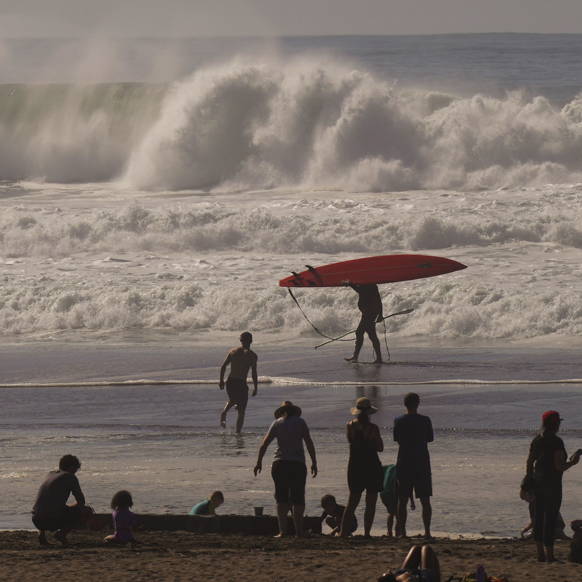 A beach scene with people in the foreground, and a person carrying a red surfboard near large crashing waves. A small dog and several beachgoers are present.