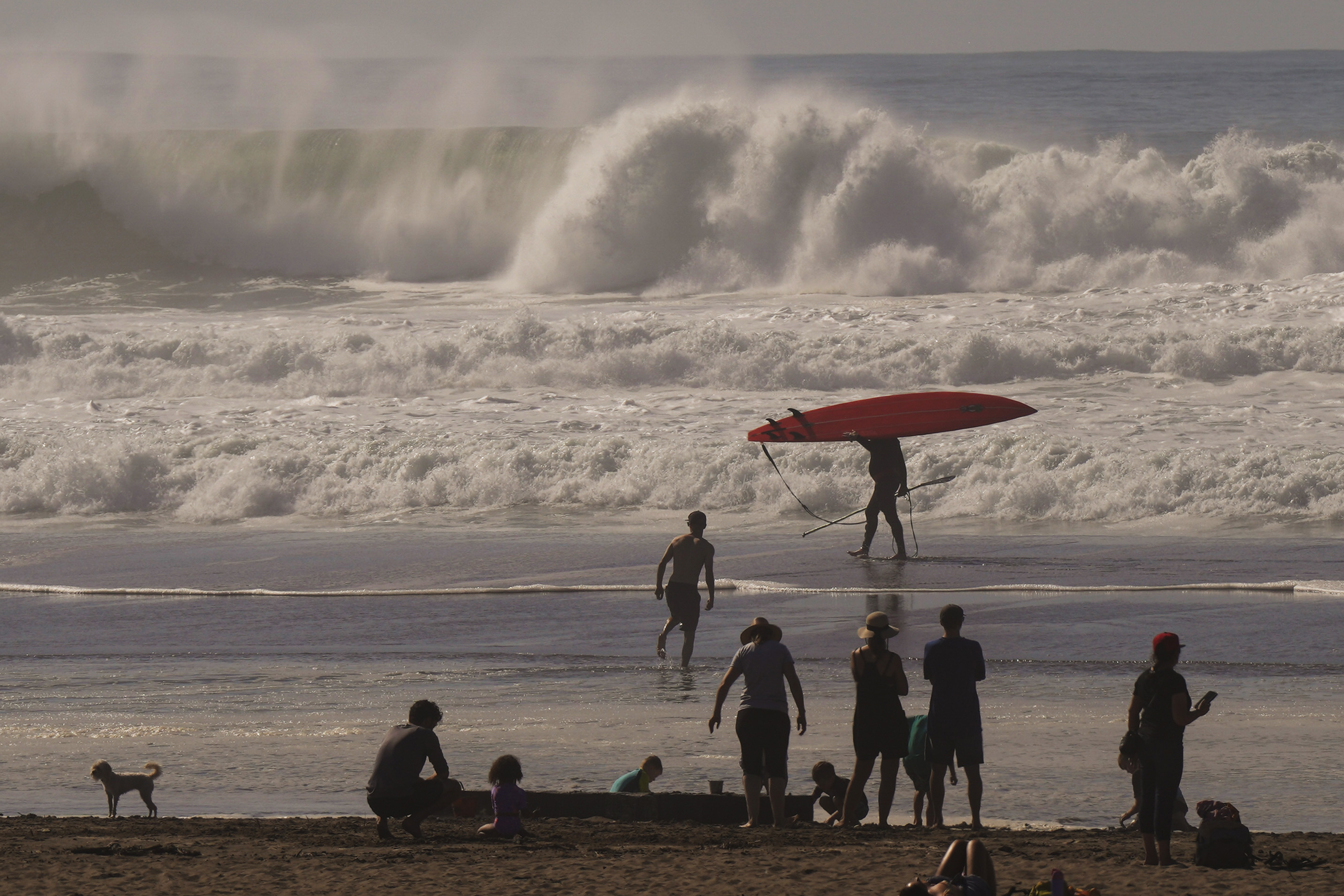 A beach scene with people in the foreground, and a person carrying a red surfboard near large crashing waves. A small dog and several beachgoers are present.