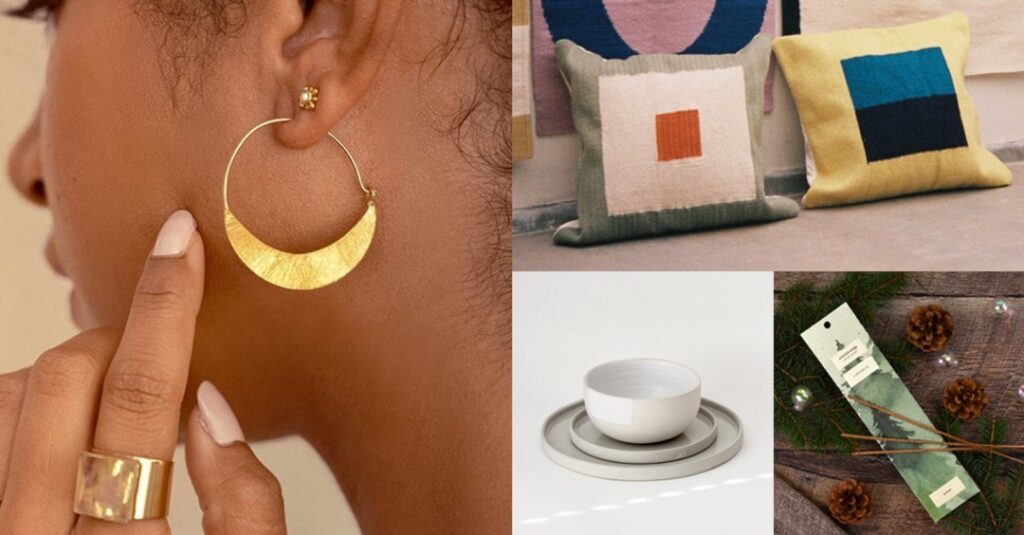 The image shows a gold hoop earring on a person, modern geometric pillows, a minimalist bowl with plates, and incense sticks with pinecones on a wooden surface.