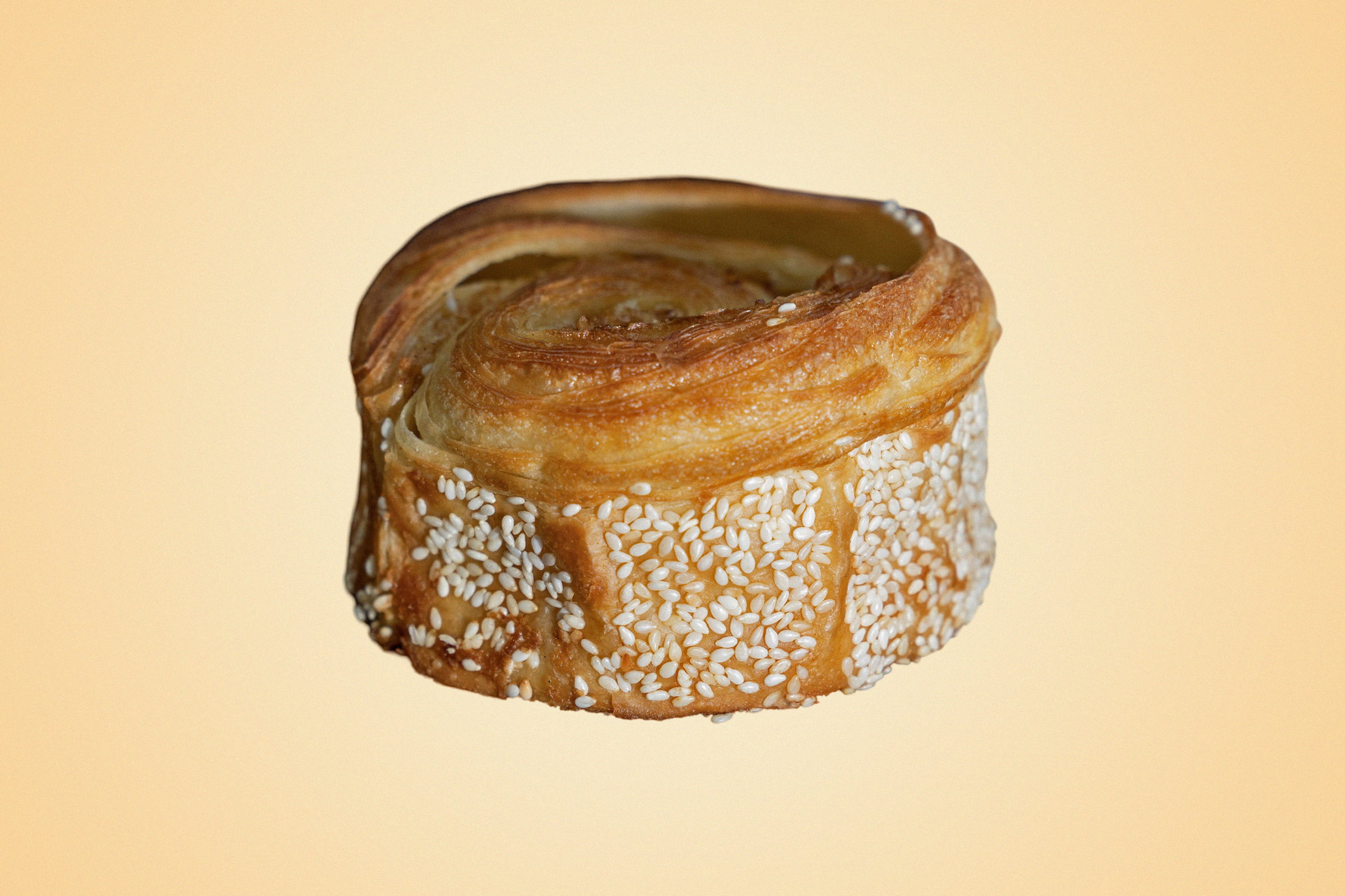 A golden brown pastry peppered with sesame seeds.