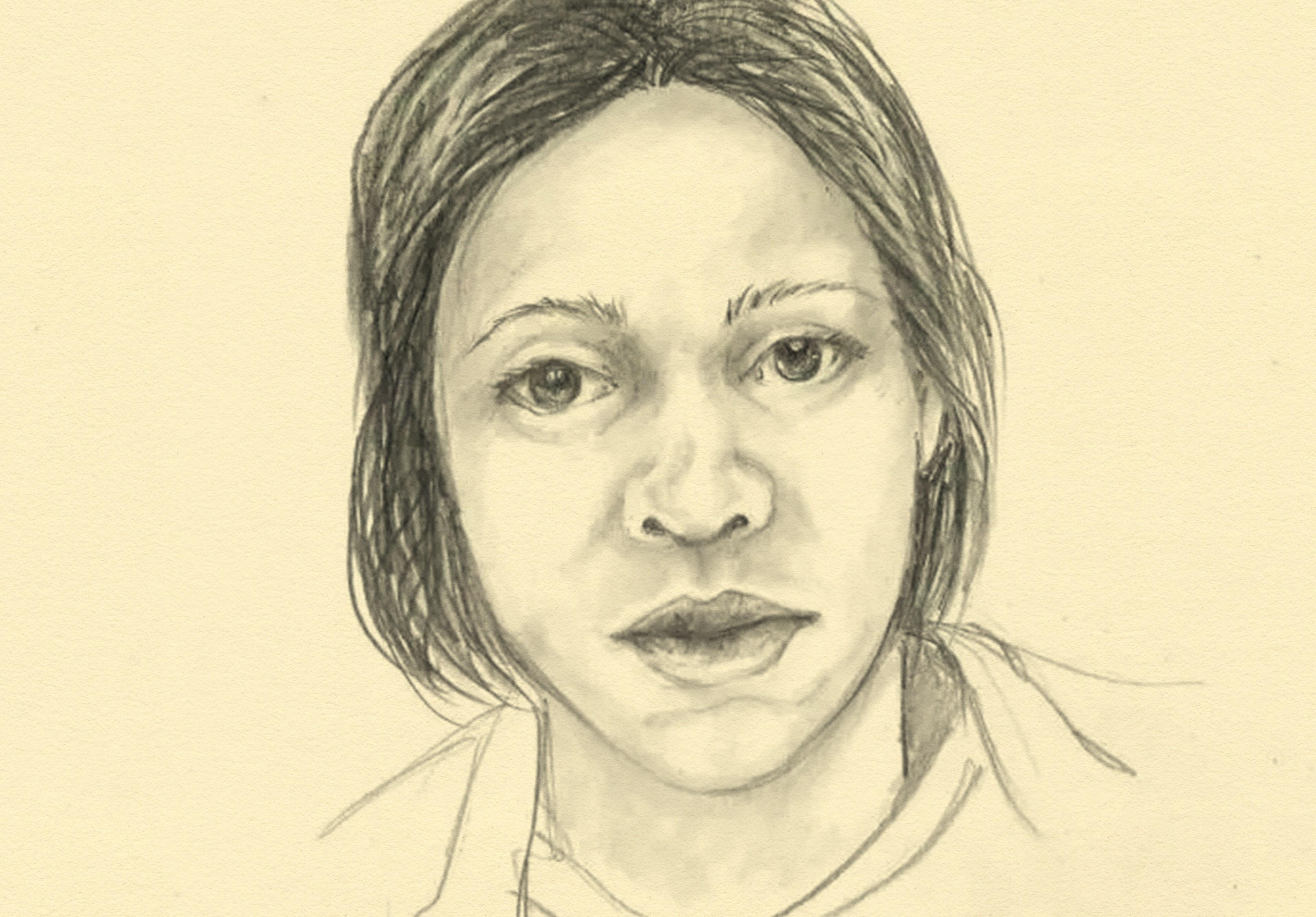 This is a pencil sketch of a person with straight hair and a neutral expression, looking directly forward. The drawing captures detailed facial features.