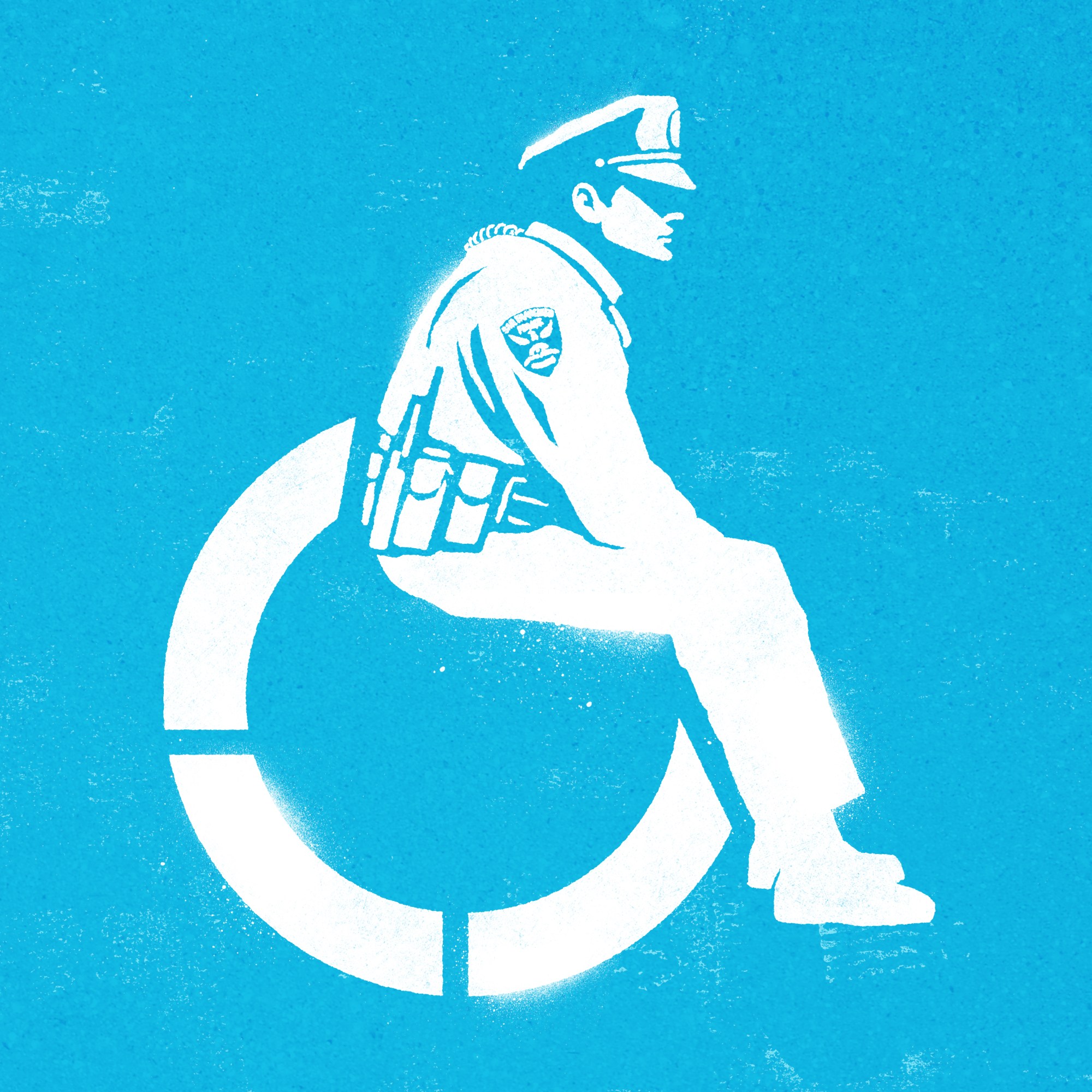 A blue sign with an illustration of a police man.