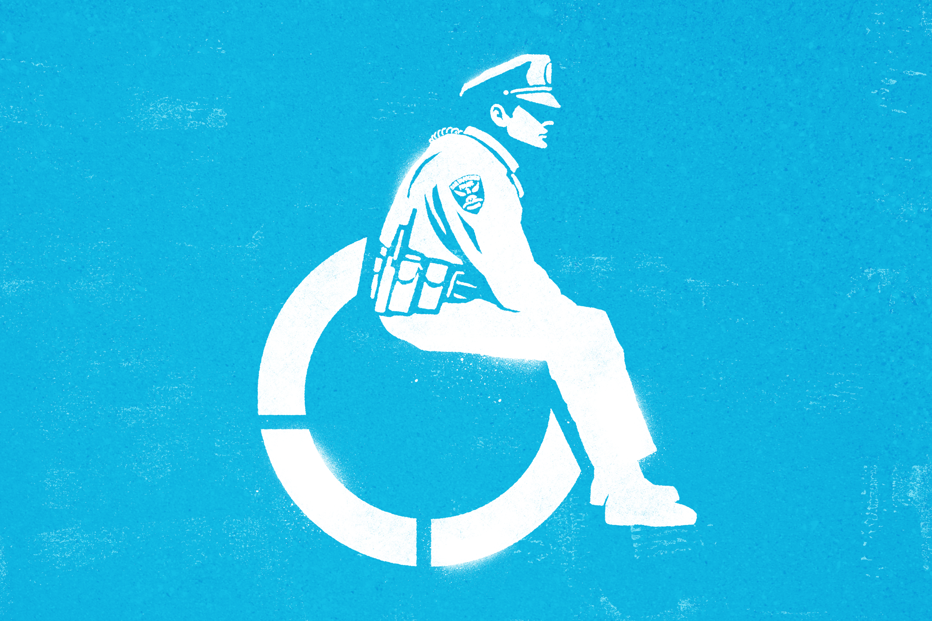 A blue sign with an illustration of a police man.