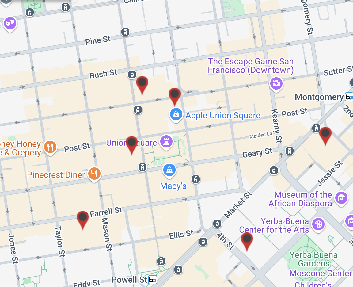 The image is a map of downtown San Francisco featuring landmarks like Union Square, Macy's, the Moscone Center, and several marked locations.