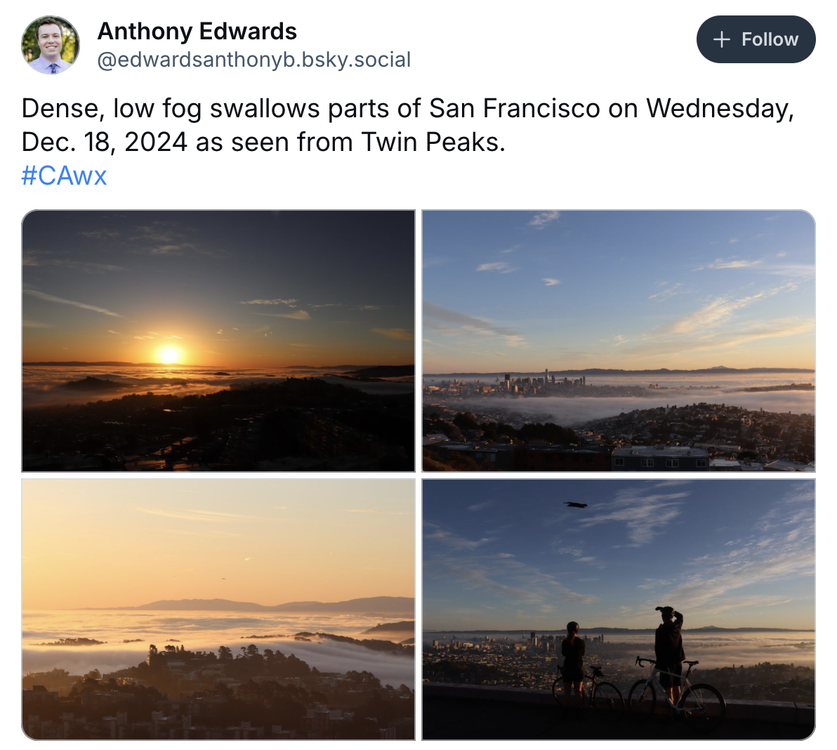 The image shows a collage of four photos of San Francisco. Dense fog blankets the city with the skyline visible above. People and bikes appear against a scenic view.