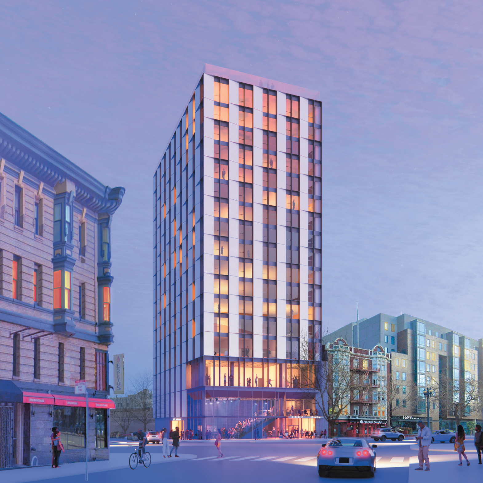 A modern, illuminated high-rise building stands in an urban area, surrounded by classic architecture, pedestrians, cyclists, and a car on a twilight backdrop.